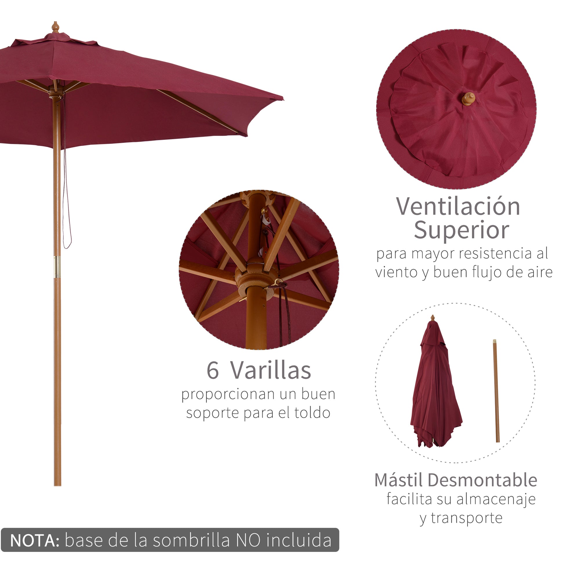 Outsunny Sombrilla de Jardín Ø250x230 cm Parasol de Terraza con 6 Varillas Poste Desmontable Anti-UV Impermeable y Marco de Madera para Playa Patio Rojo Vino