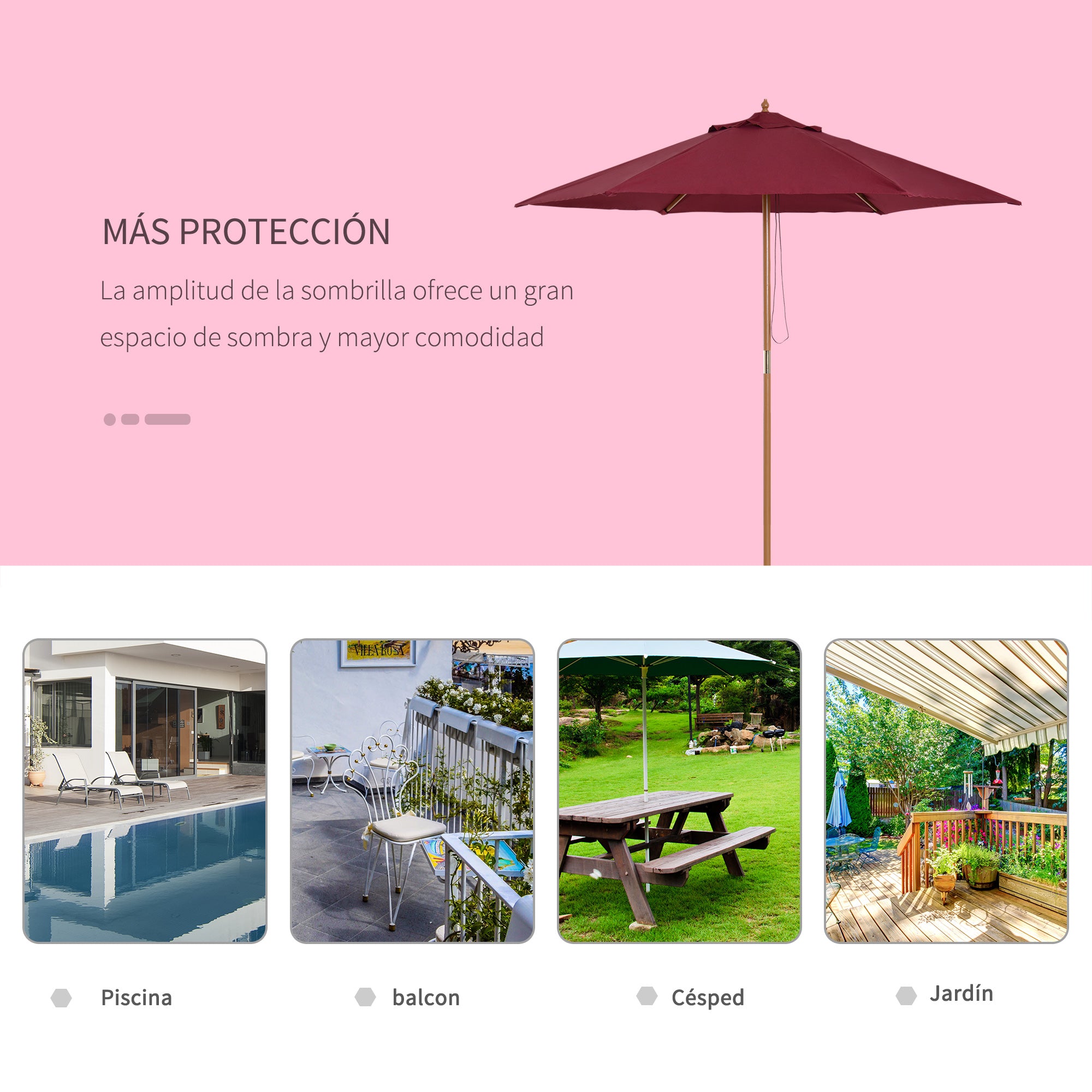 Outsunny Sombrilla de Jardín Ø250x230 cm Parasol de Terraza con 6 Varillas Poste Desmontable Anti-UV Impermeable y Marco de Madera para Playa Patio Rojo Vino