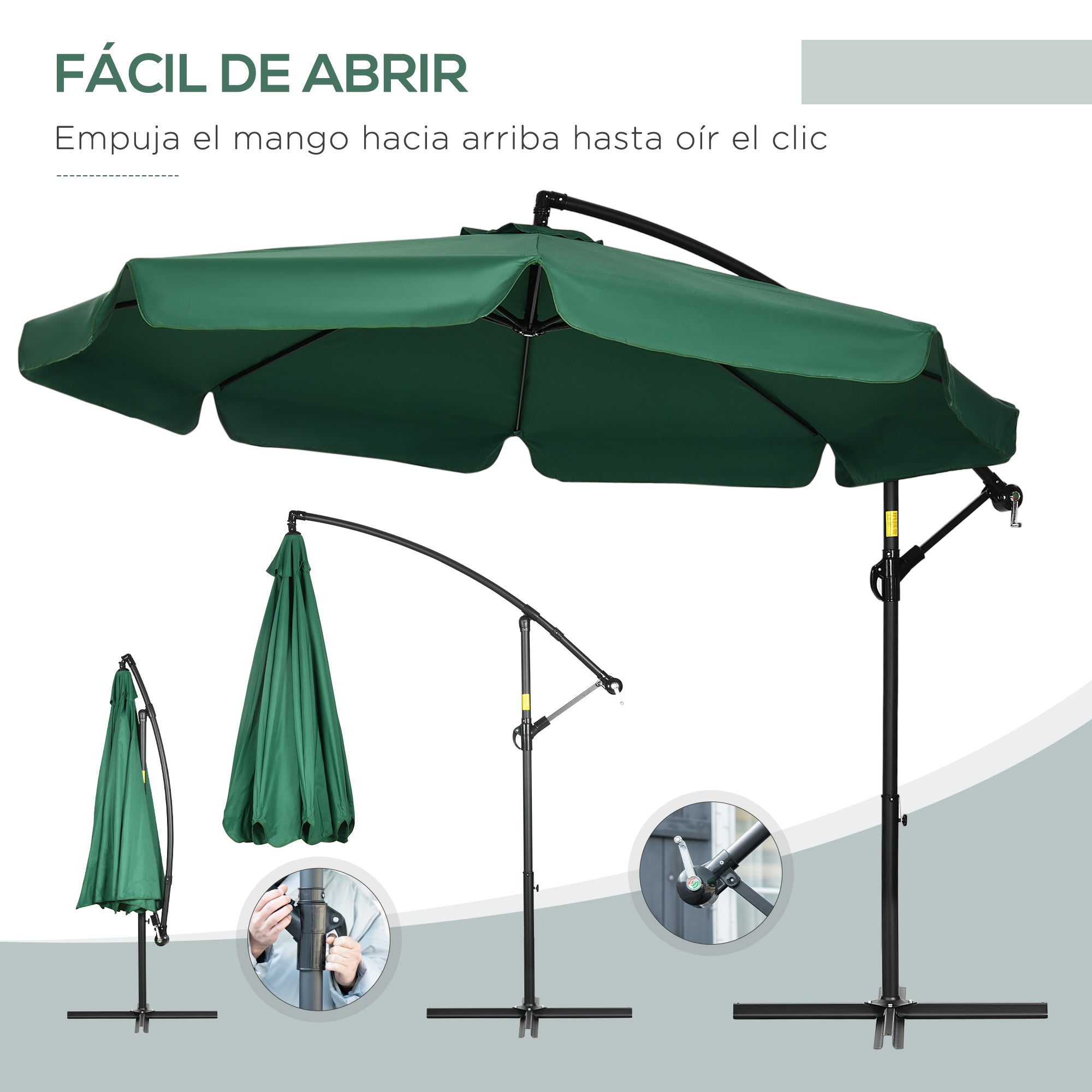 Outsunny Sombrilla de Jardín Ø293x240 cm Parasol Excéntrico con Rotación de 360° Manivela Base Cruzada y Soporte de Acero para Terraza Patio Balcón Verde