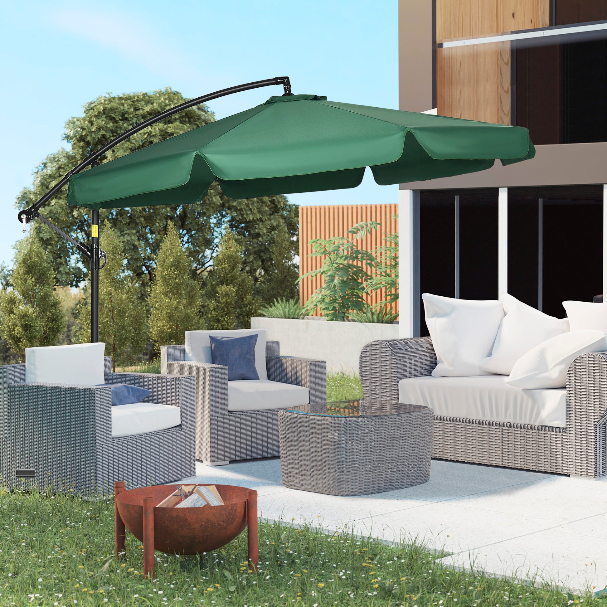 Outsunny Sombrilla de Jardín Ø293x240 cm Parasol Excéntrico con Rotación de 360° Manivela Base Cruzada y Soporte de Acero para Terraza Patio Balcón Verde