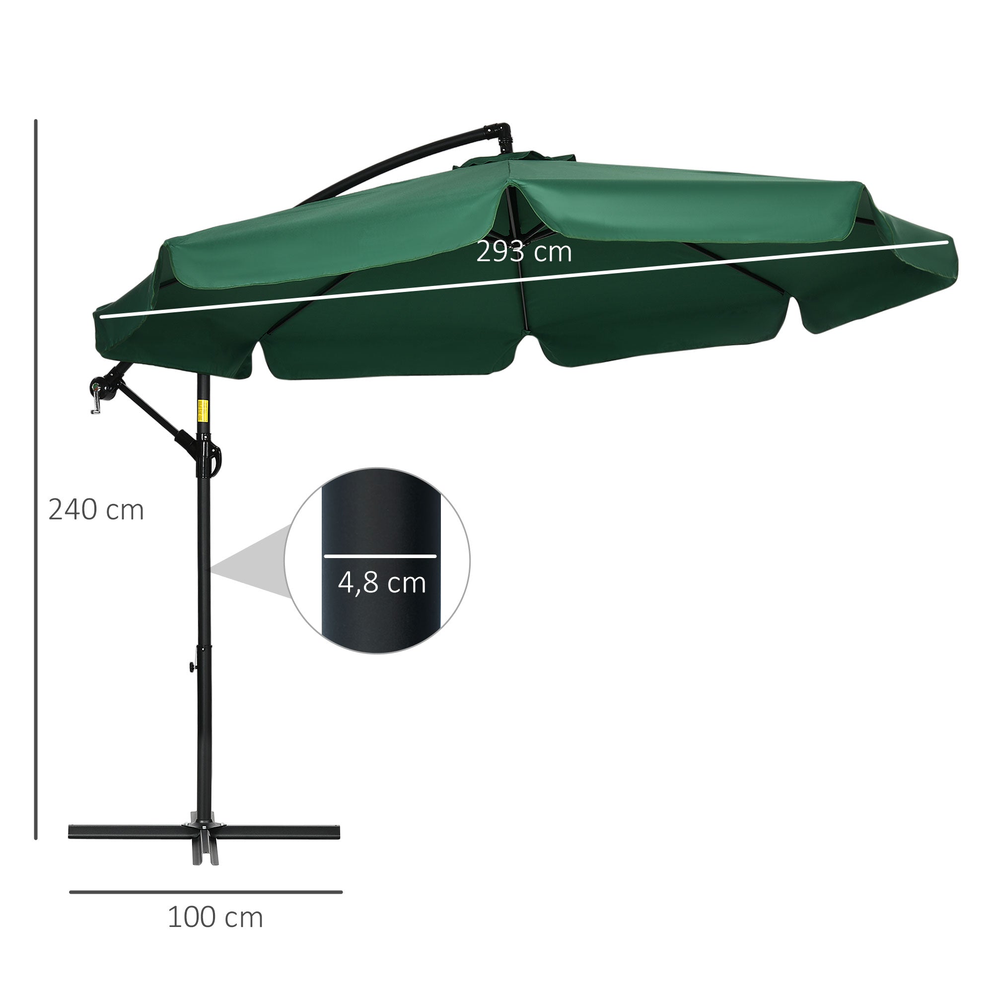 Outsunny Sombrilla de Jardín Ø293x240 cm Parasol Excéntrico con Rotación de 360° Manivela Base Cruzada y Soporte de Acero para Terraza Patio Balcón Verde