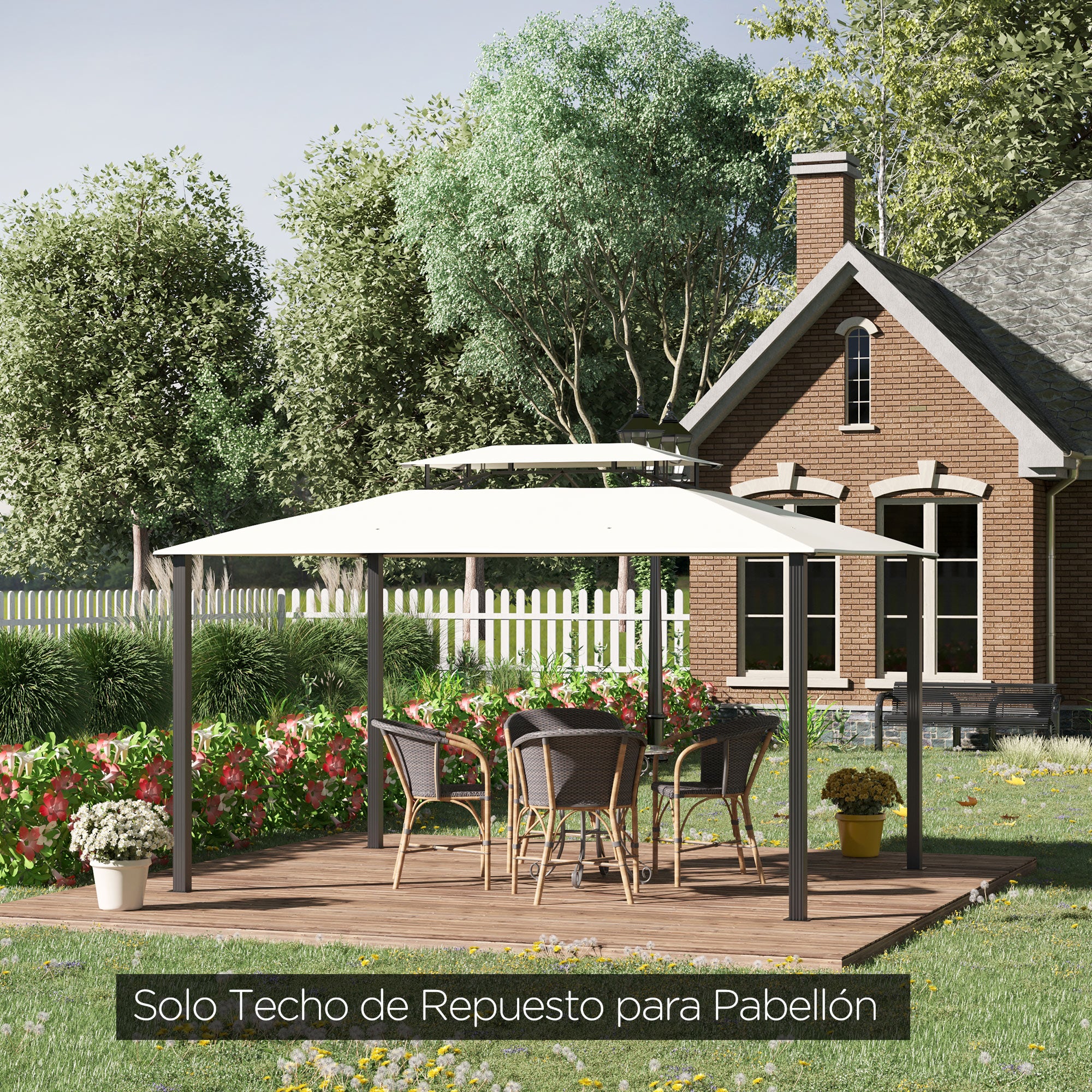 Outsunny Techo de Repuesto 4x3 m para Cenador de Jardín 2 Niveles Transpirable con 8 Orificios de Drenaje Cubierta Superior de Reemplazo para Pabellón Gazebo Exterior Beige