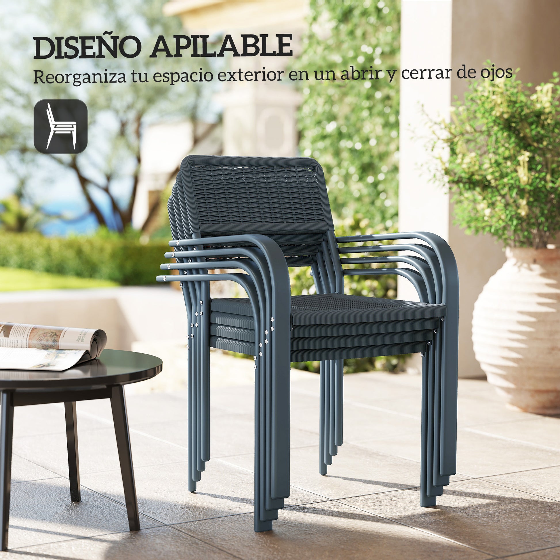 Outsunny Juego de 4 Sillas de Jardín Exterior Apilables, Sillas de Comedor Exterior Efecto Ratán, con Reposabrazos, Marco de Acero, Resistente a la Intemperie y Ligero, 55x60x83 cm, Gris Oscuro