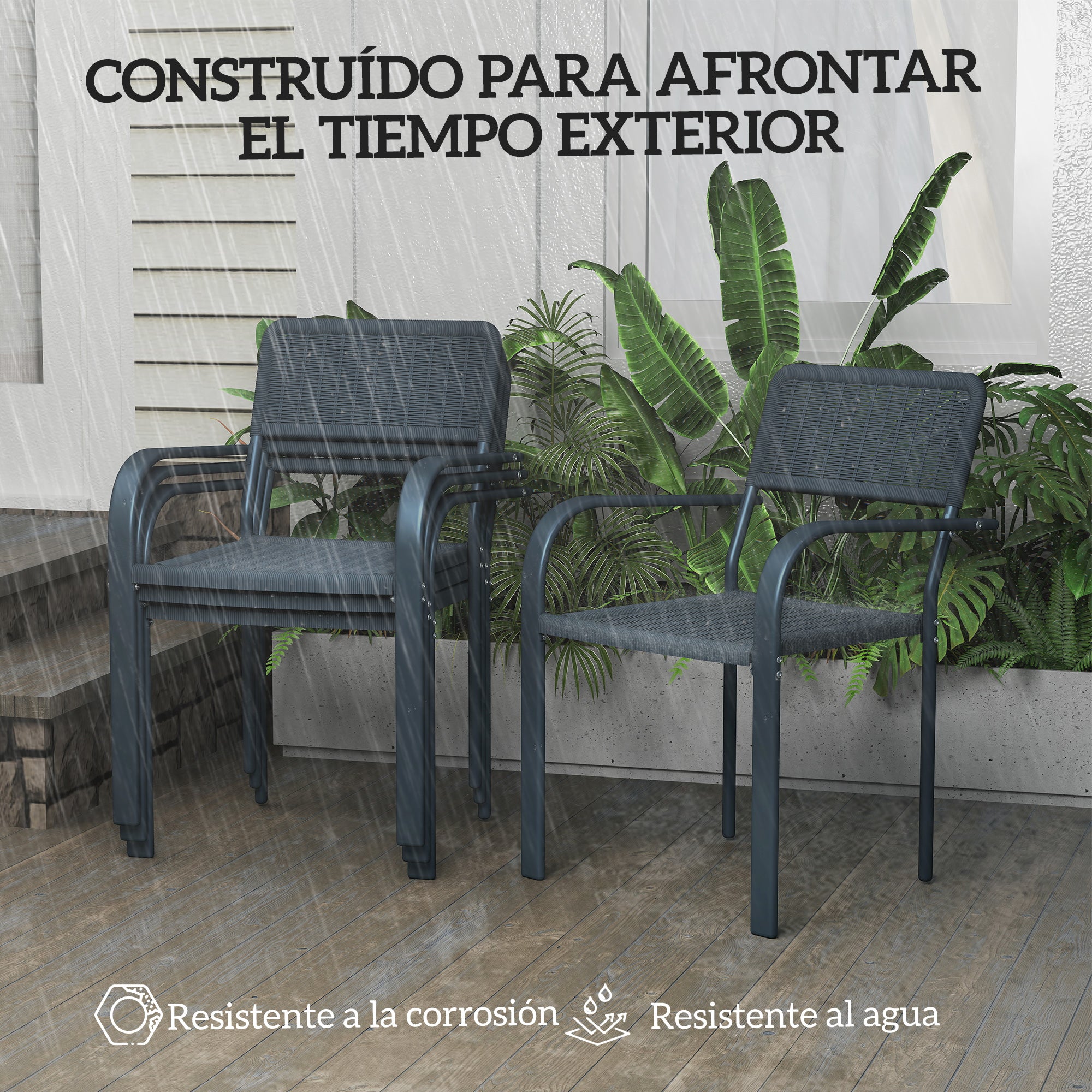 Outsunny Juego de 4 Sillas de Jardín Exterior Apilables, Sillas de Comedor Exterior Efecto Ratán, con Reposabrazos, Marco de Acero, Resistente a la Intemperie y Ligero, 55x60x83 cm, Gris Oscuro