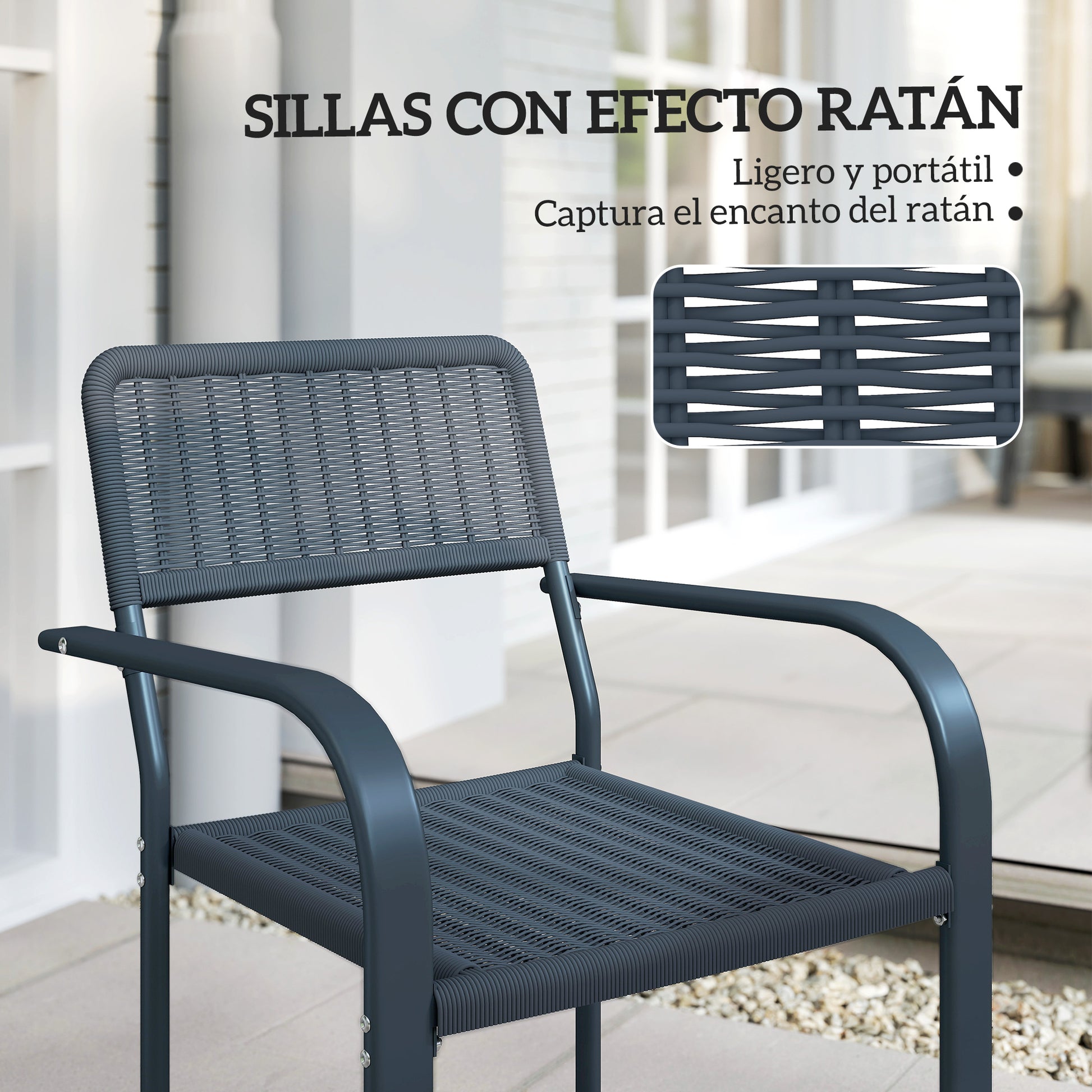 Outsunny Juego de 4 Sillas de Jardín Exterior Apilables, Sillas de Comedor Exterior Efecto Ratán, con Reposabrazos, Marco de Acero, Resistente a la Intemperie y Ligero, 55x60x83 cm, Gris Oscuro