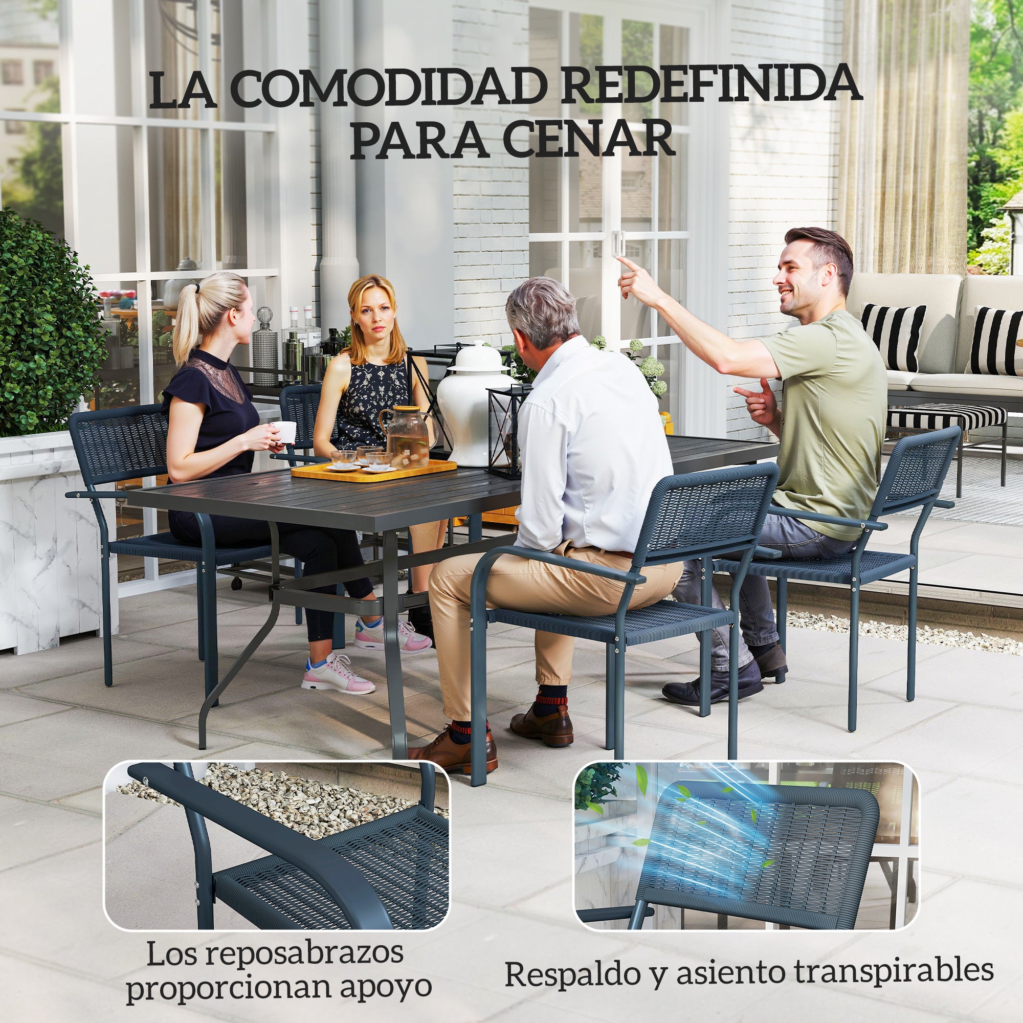 Outsunny Juego de 4 Sillas de Jardín Exterior Apilables, Sillas de Comedor Exterior Efecto Ratán, con Reposabrazos, Marco de Acero, Resistente a la Intemperie y Ligero, 55x60x83 cm, Gris Oscuro