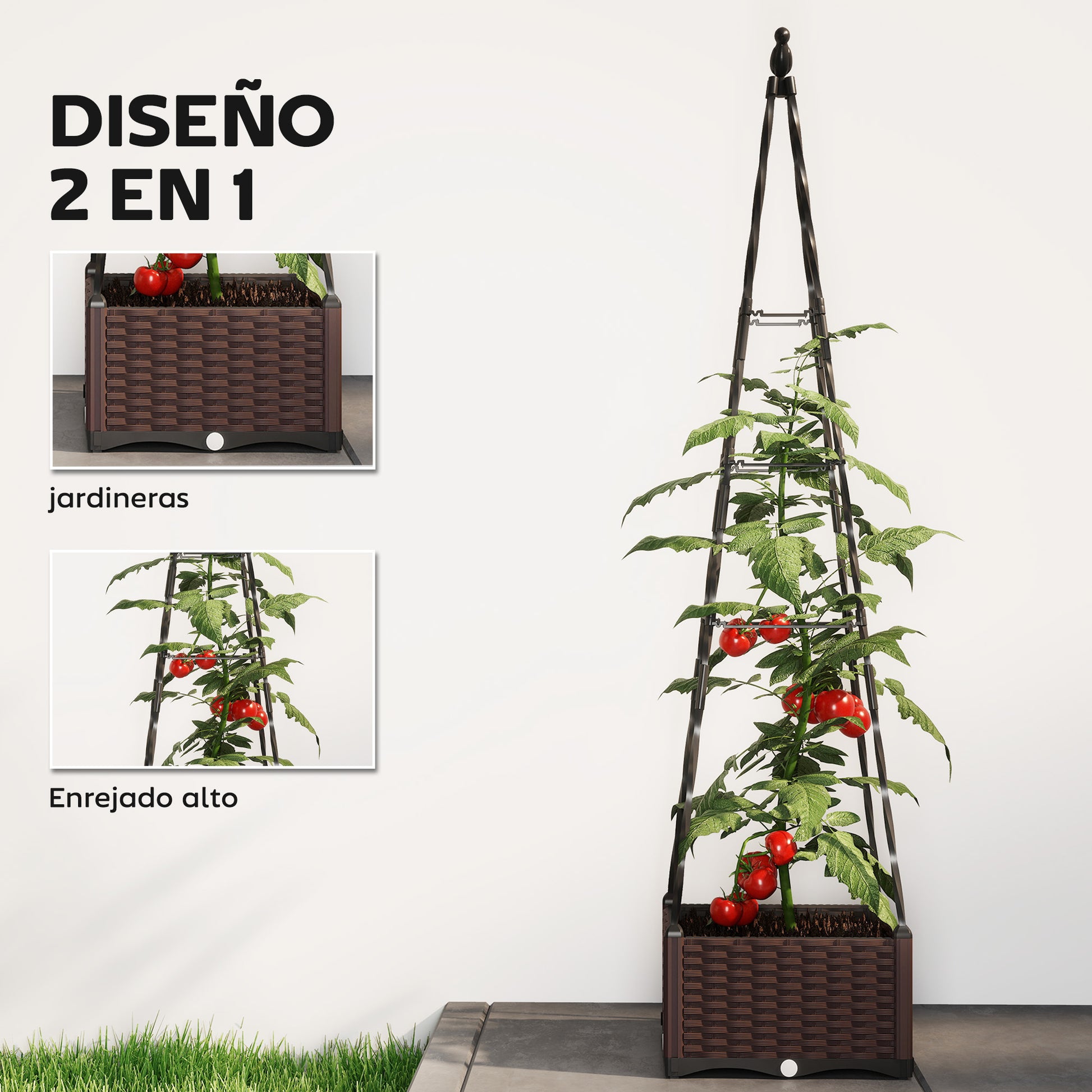 Outsunny Jardinera con Enrejado Metálico, Jardinera Exterior para Plantas Trepadoras, Maceta de PP con Orificios de Drenaje y Tapones, Macetero Elevado para Jardín, Patio, 40x40x175 cm, Negro