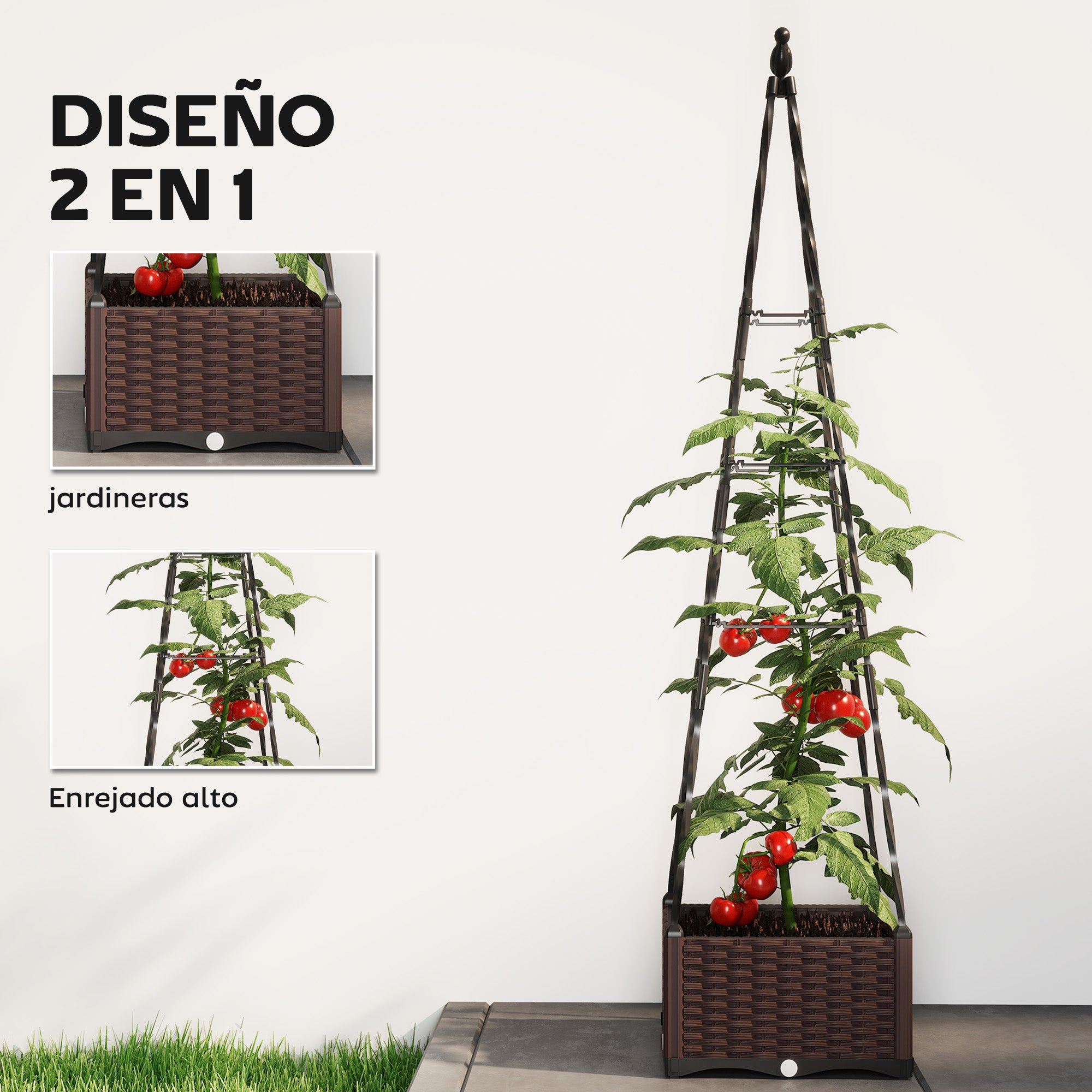 Outsunny Jardinera con Enrejado Metálico, Jardinera Exterior para Plantas Trepadoras, Maceta de PP con Orificios de Drenaje y Tapones, Macetero Elevado para Jardín, Patio, 40x40x175 cm, Negro
