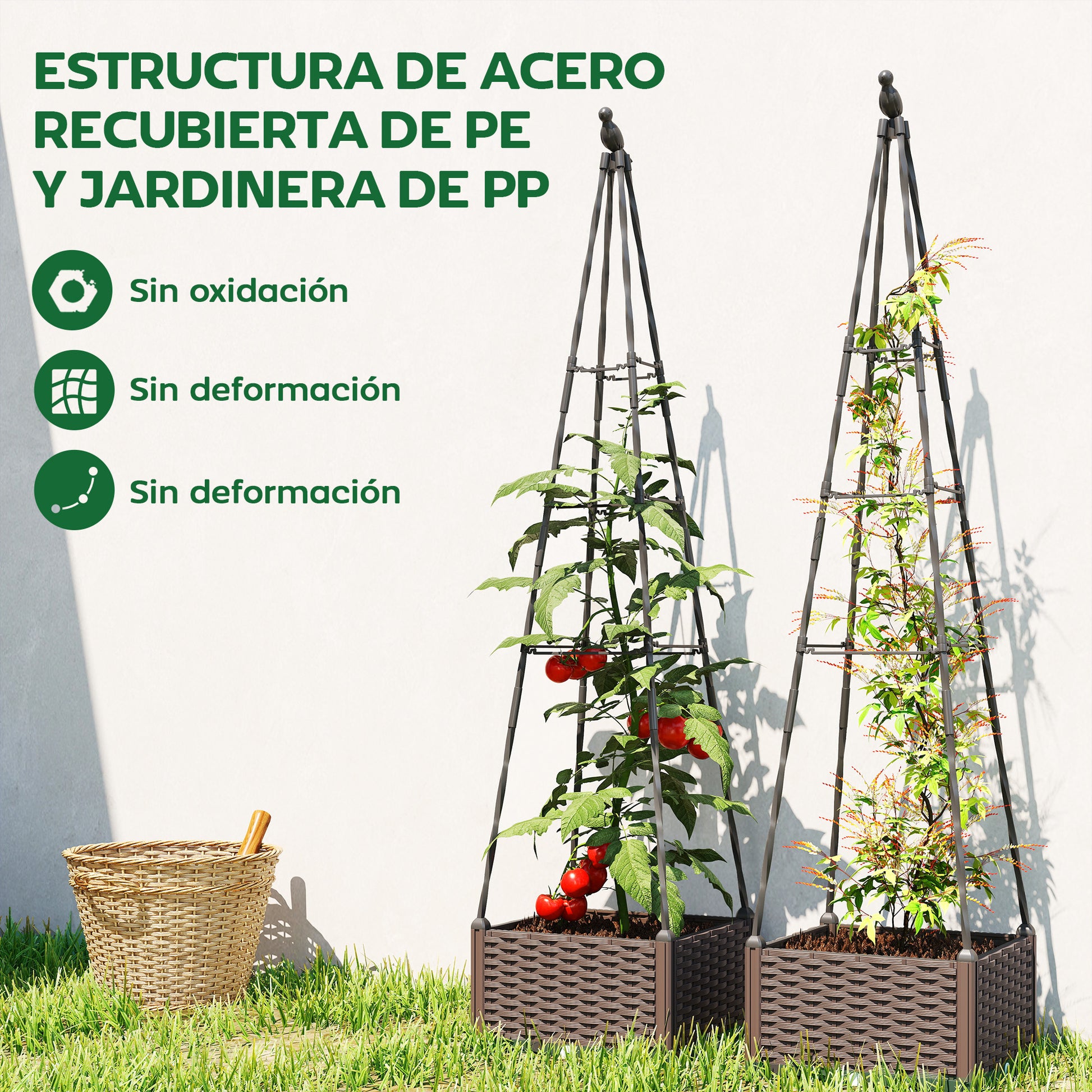 Outsunny Jardinera con Enrejado Metálico, Jardinera Exterior para Plantas Trepadoras, Maceta de PP con Orificios de Drenaje y Tapones, Macetero Elevado para Jardín, Patio, 40x40x175 cm, Negro