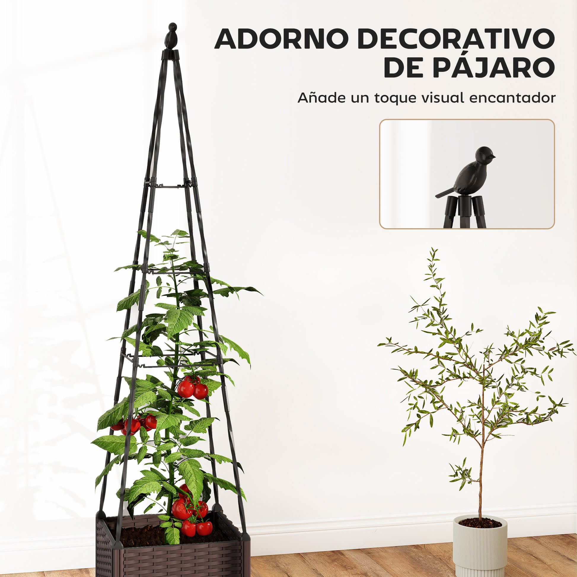 Outsunny Jardinera con Enrejado Metálico, Jardinera Exterior para Plantas Trepadoras, Maceta de PP con Orificios de Drenaje y Tapones, Macetero Elevado para Jardín, Patio, 40x40x175 cm, Negro