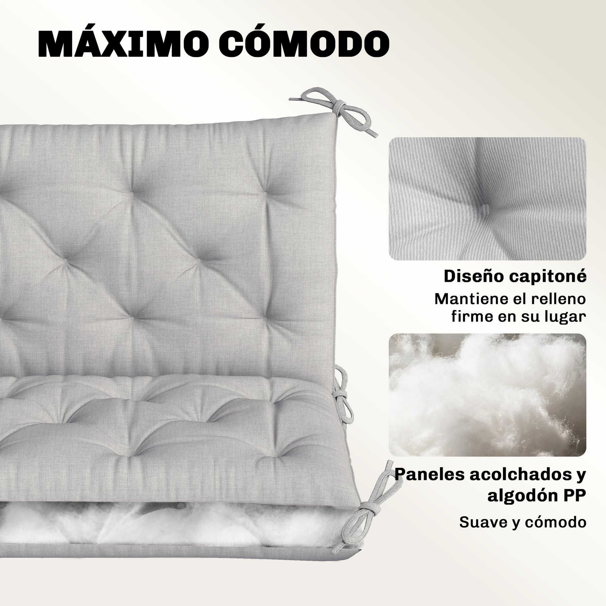 Outsunny Cojín para Banco de Jardín con Respaldo, 150x98x8 cm, Colchón de Banco de 3 Plazas para Interior y Exterior con Relleno Grueso y Cintas de Sujeción, para Columpio, Terraza, Balcón, Gris Claro