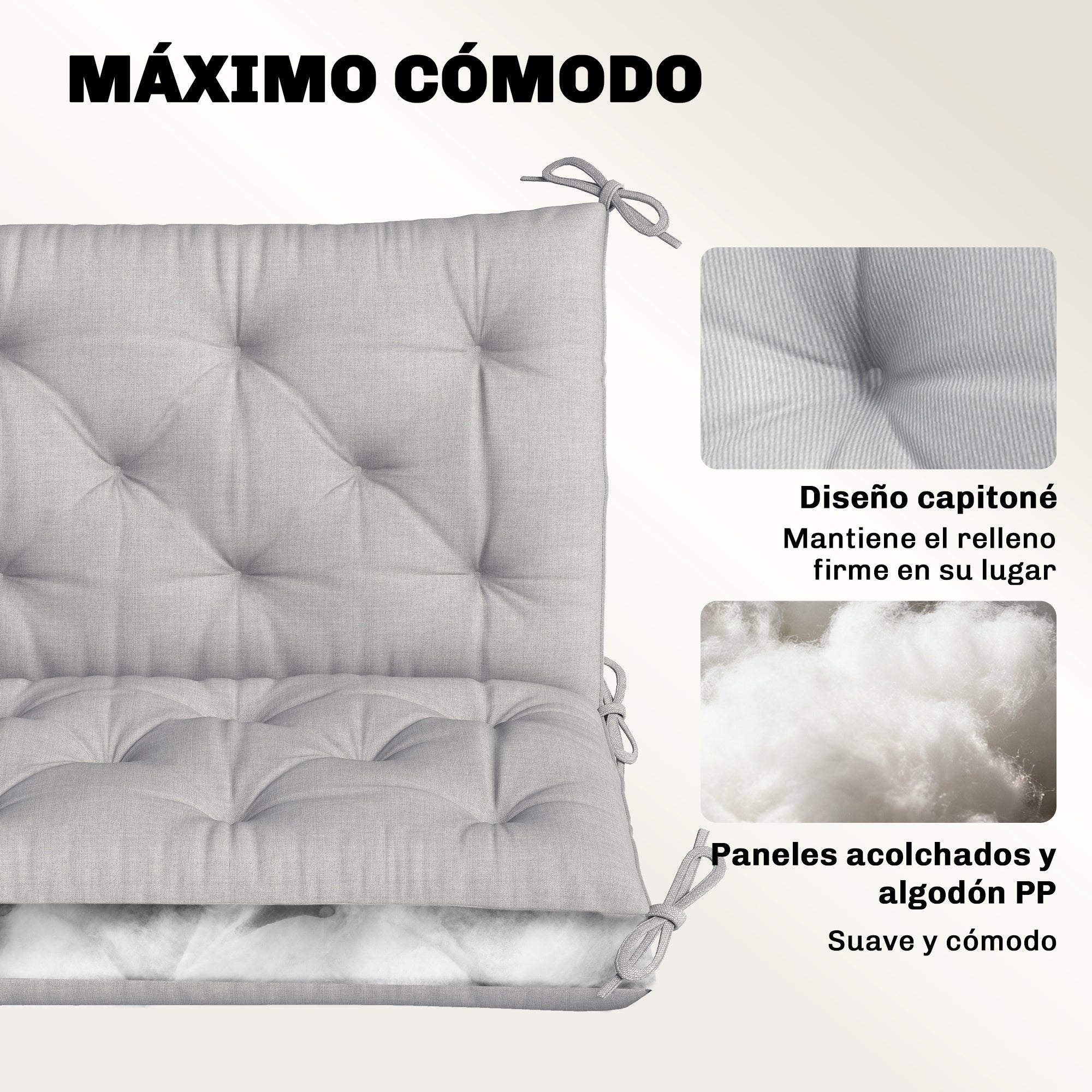 Outsunny Cojín para Banco de Jardín con Respaldo, 150x98x8 cm, Colchón de Banco de 3 Plazas para Interior y Exterior con Relleno Grueso y Cintas de Sujeción, para Columpio, Terraza, Balcón, Gris Claro