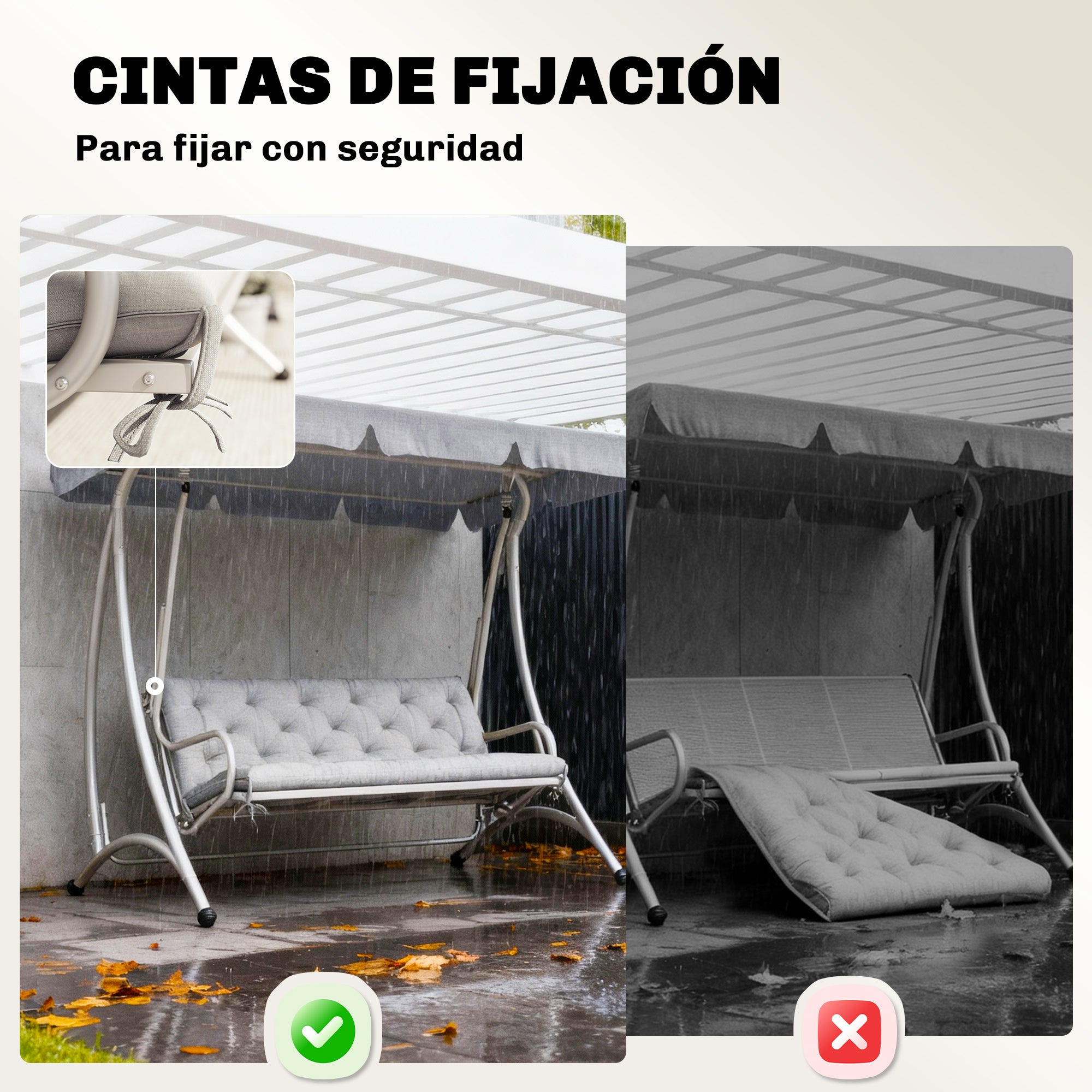 Outsunny Cojín para Banco de Jardín con Respaldo, 150x98x8 cm, Colchón de Banco de 3 Plazas para Interior y Exterior con Relleno Grueso y Cintas de Sujeción, para Columpio, Terraza, Balcón, Gris Claro