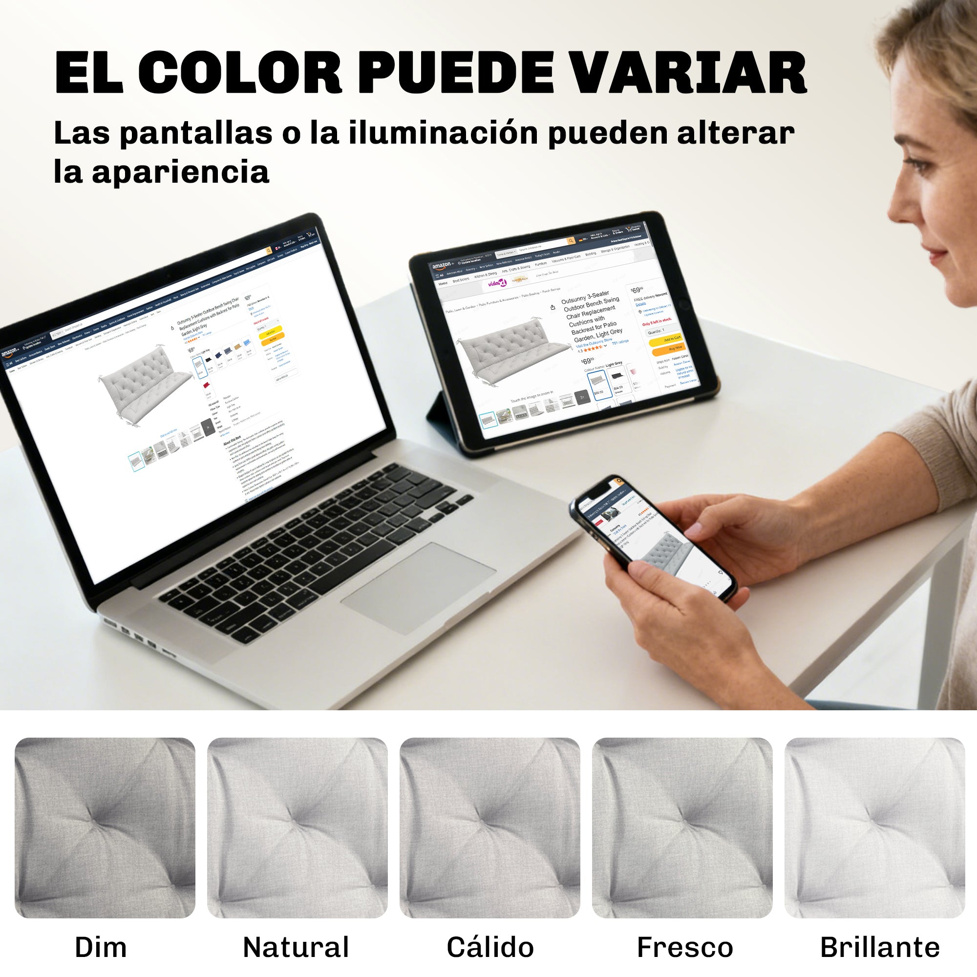 Outsunny Cojín para Banco de Jardín con Respaldo, 150x98x8 cm, Colchón de Banco de 3 Plazas para Interior y Exterior con Relleno Grueso y Cintas de Sujeción, para Columpio, Terraza, Balcón, Gris Claro