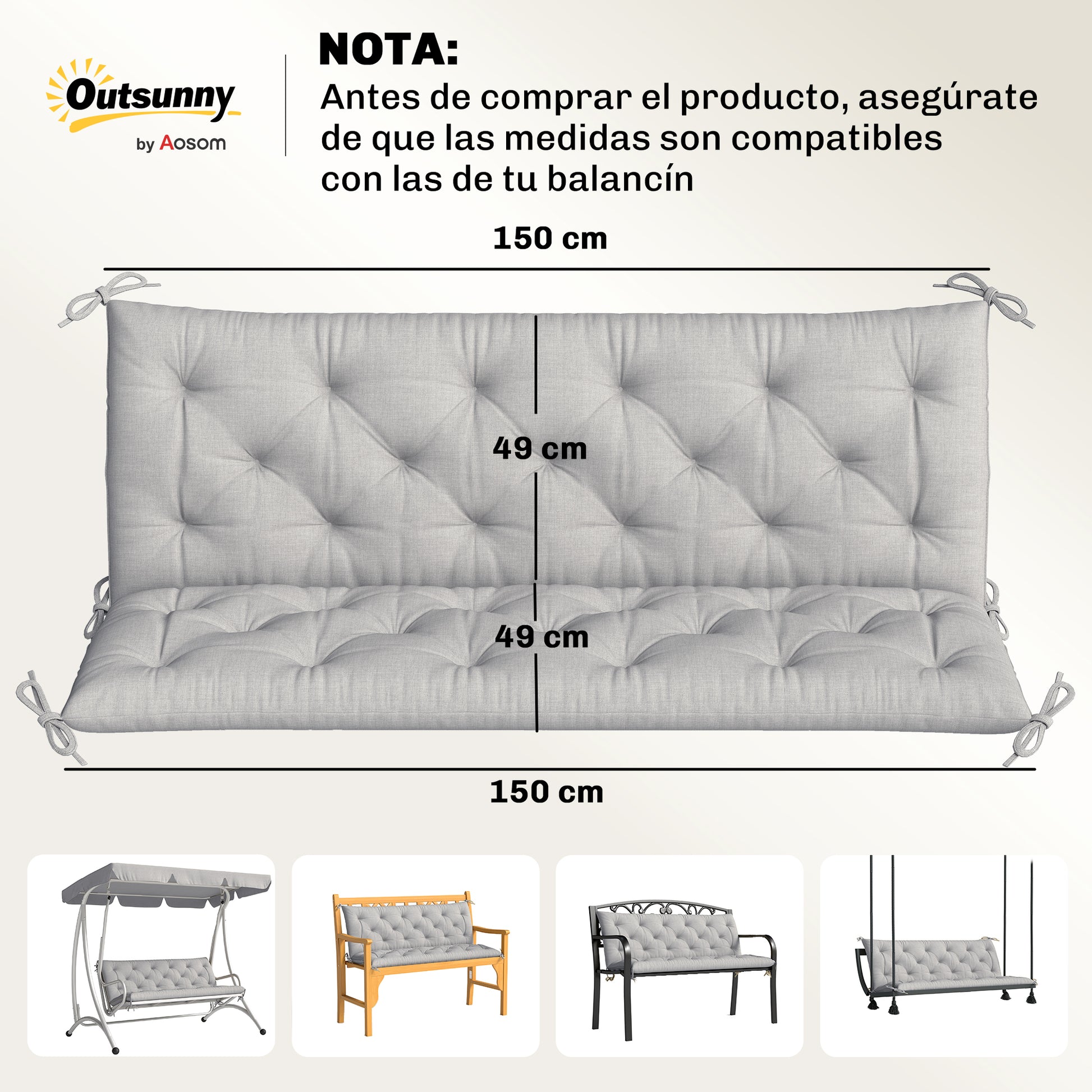 Outsunny Cojín para Banco de Jardín con Respaldo, 150x98x8 cm, Colchón de Banco de 3 Plazas para Interior y Exterior con Relleno Grueso y Cintas de Sujeción, para Columpio, Terraza, Balcón, Gris Claro