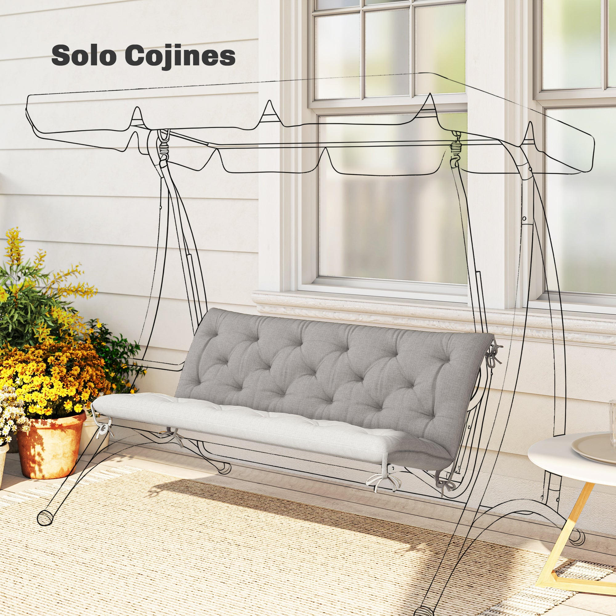 Outsunny Cojín para Banco de Jardín con Respaldo, 150x98x8 cm, Colchón de Banco de 3 Plazas para Interior y Exterior con Relleno Grueso y Cintas de Sujeción, para Columpio, Terraza, Balcón, Gris Claro