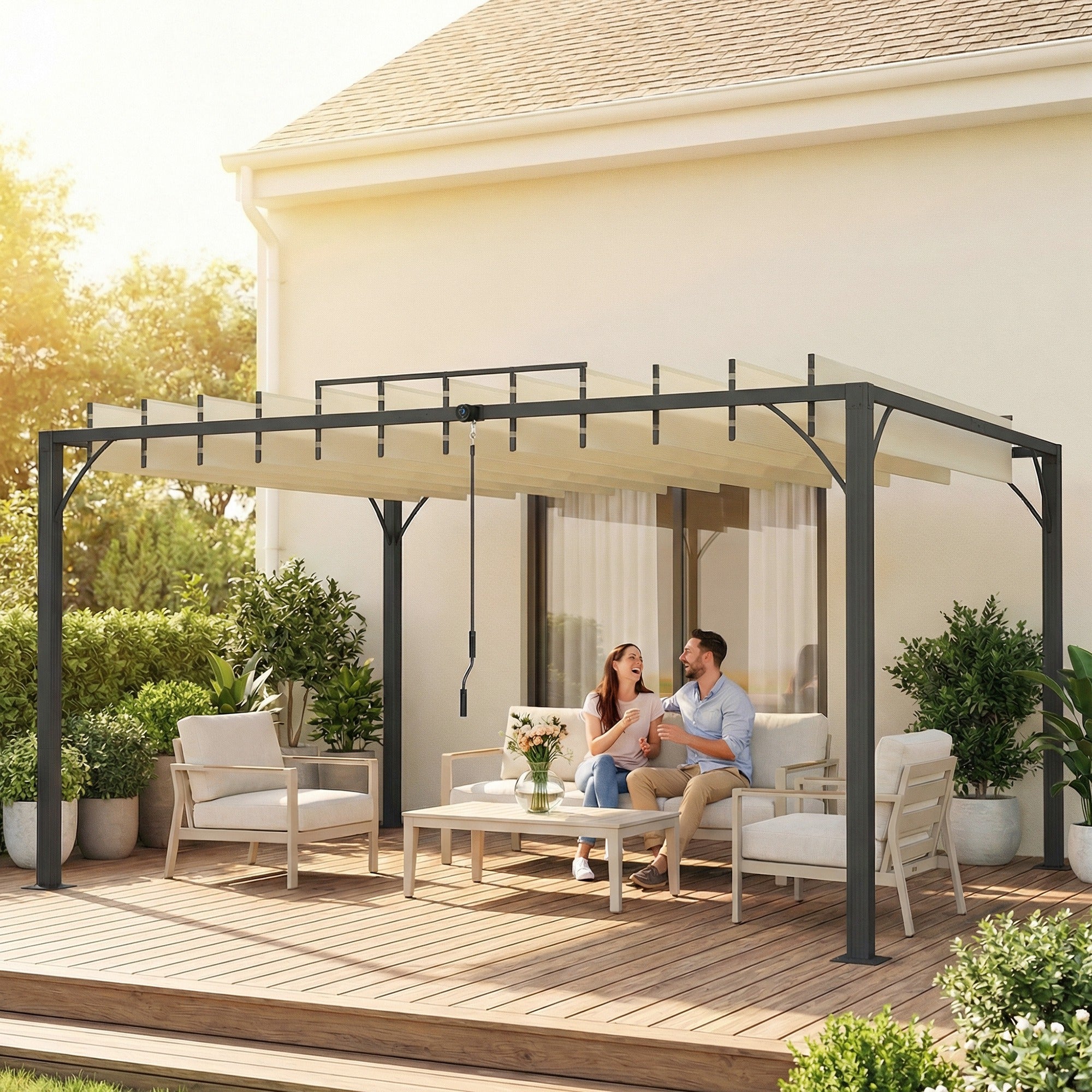 Outsunny Pérgola de Jardín 3x4 m, Cenador de Jardín con Techo de Lamas Orientables a 135°, Estructura de Aluminio, Protección UPF30+, Pabellón para Exterior, Patio, Terraza, Blanco Crema
