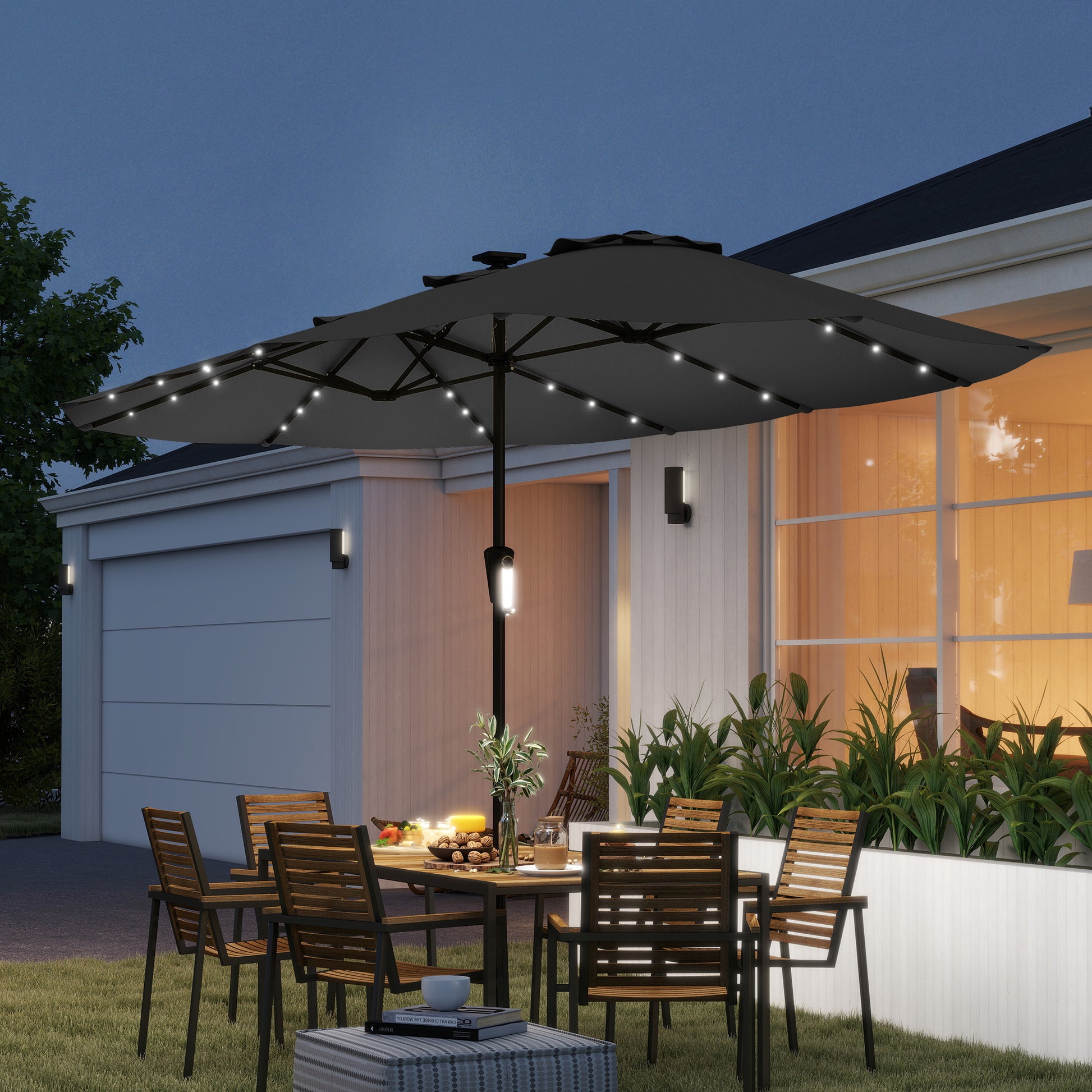 Outsunny Sombrilla Doble con 36 Luces LED Solares, 4x2 m, Sombrilla Terraza Exterior con Manivela, UPF50+, 12 Varillas, Resistente al Agua, Parasol para Jardín, Terraza, Patio, Gris Oscuro