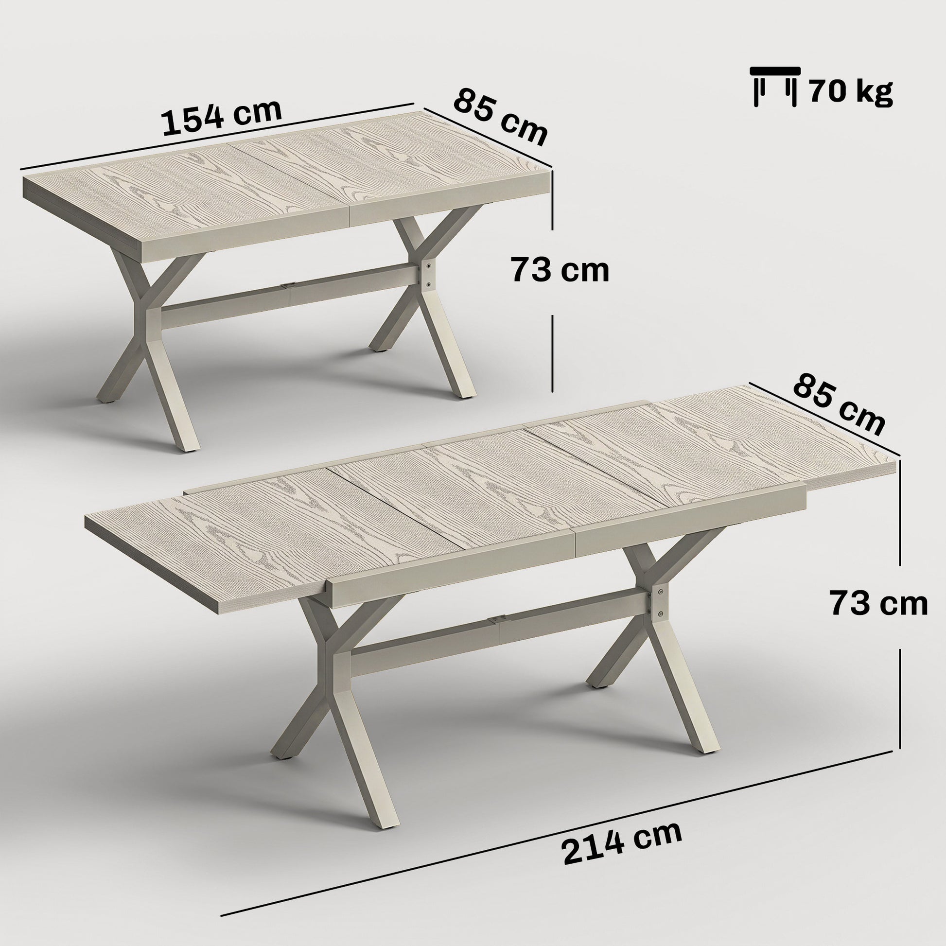 Outsunny Mesa de Jardín Extensible con Superficie de Aluminio, 154/214x85 cm, Mesa de Comedor Exterior Extensible Rectangular con Imitación Madera para 8-10 Personas, para Patio, Terraza, Gris Claro