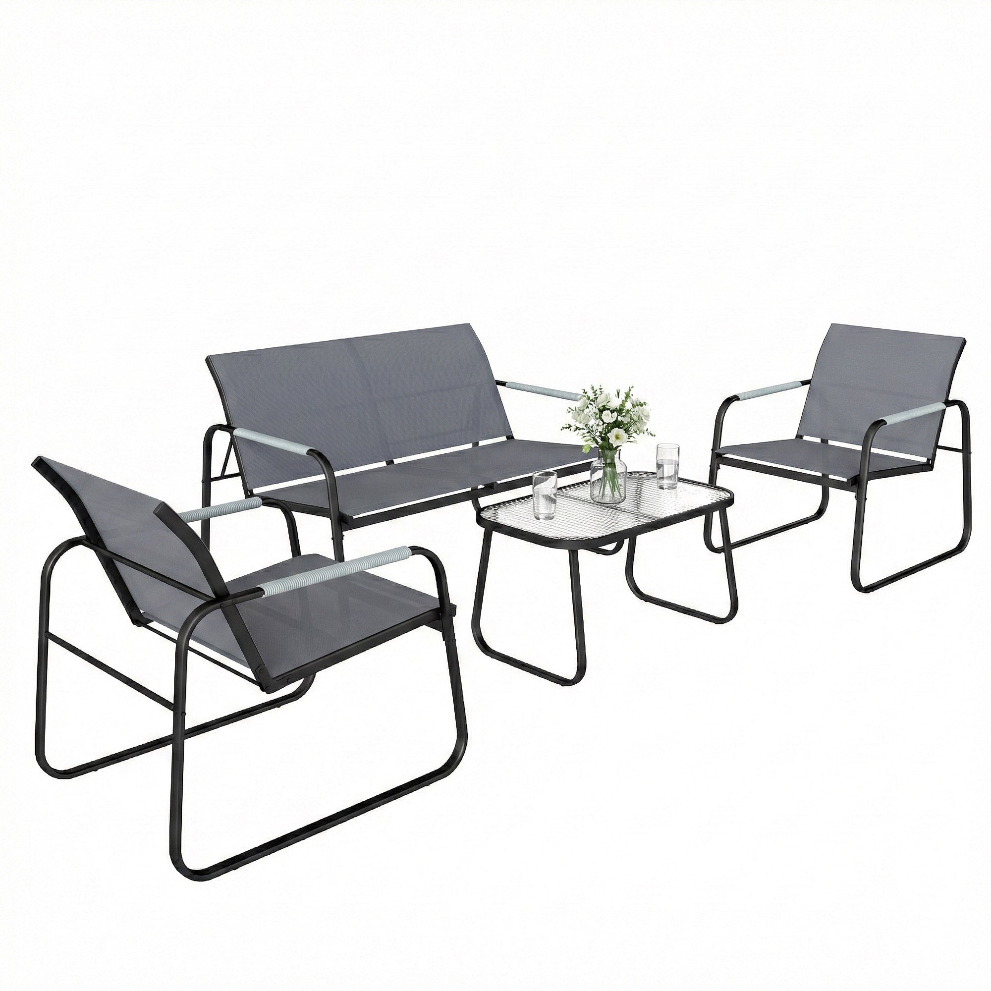 Outsunny Conjunto de Jardín Exterior de 4 Piezas, Muebles Jardín Exterior con 1 Sofá de 2 Plazas, 2 Sillones y Mesa de Vidrio Templado, Estructura de Acero y Textilene Transpirable, Gris