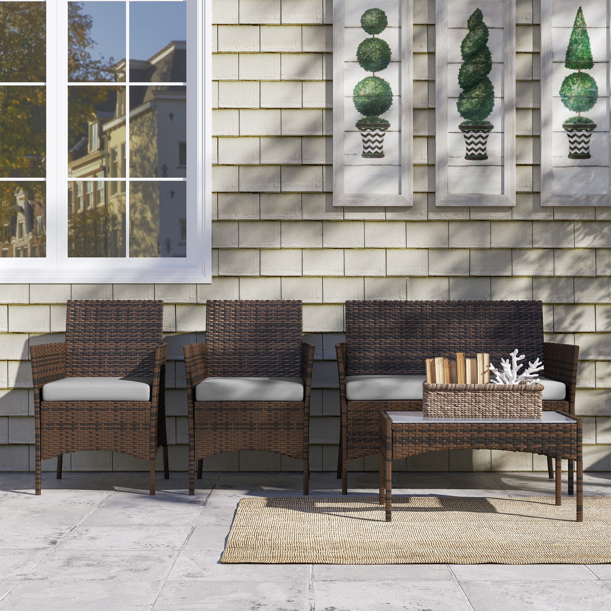 Outsunny Conjunto Jardín Exterior de Ratán con Cojines Conjunto Terraza Resistente a la Intemperie Muebles Jardín Exterior con 2 Sillones Sofá de 2 Plazas Mesa con Cristal Marrón y Gris