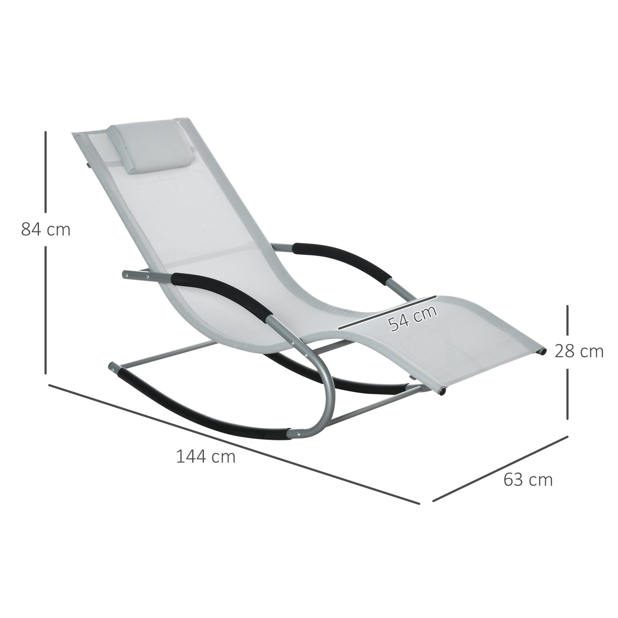 Outsunny Mecedora de Jardín Tumbona Mecedora con Reposacabezas Reposabrazos y Marco Metálico Carga 120 kg para Playa Patio Terraza 63x144x84 cm Gris