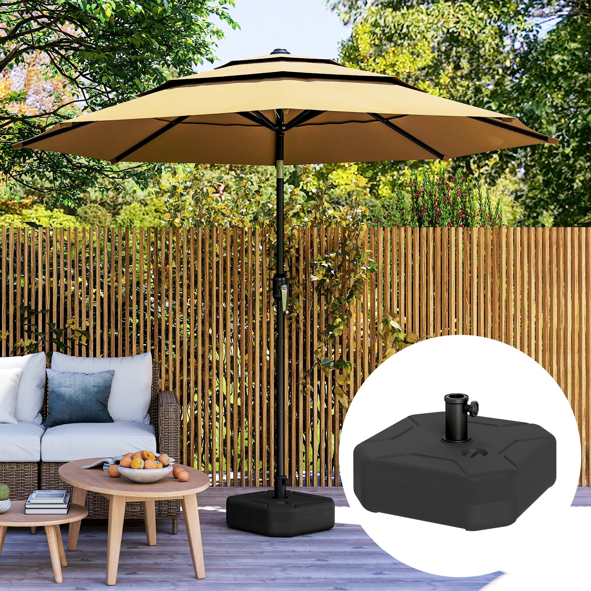 Outsunny Base para Sombrilla Cuadrada, Soporte de Parasol de HDPE, Pie para Sombrilla con Postes Ø38 mm, Ø48 mm, Rellenable de Arena 25 kg o Agua 20 kg, para Jardín, Patio, Terraza, Negro