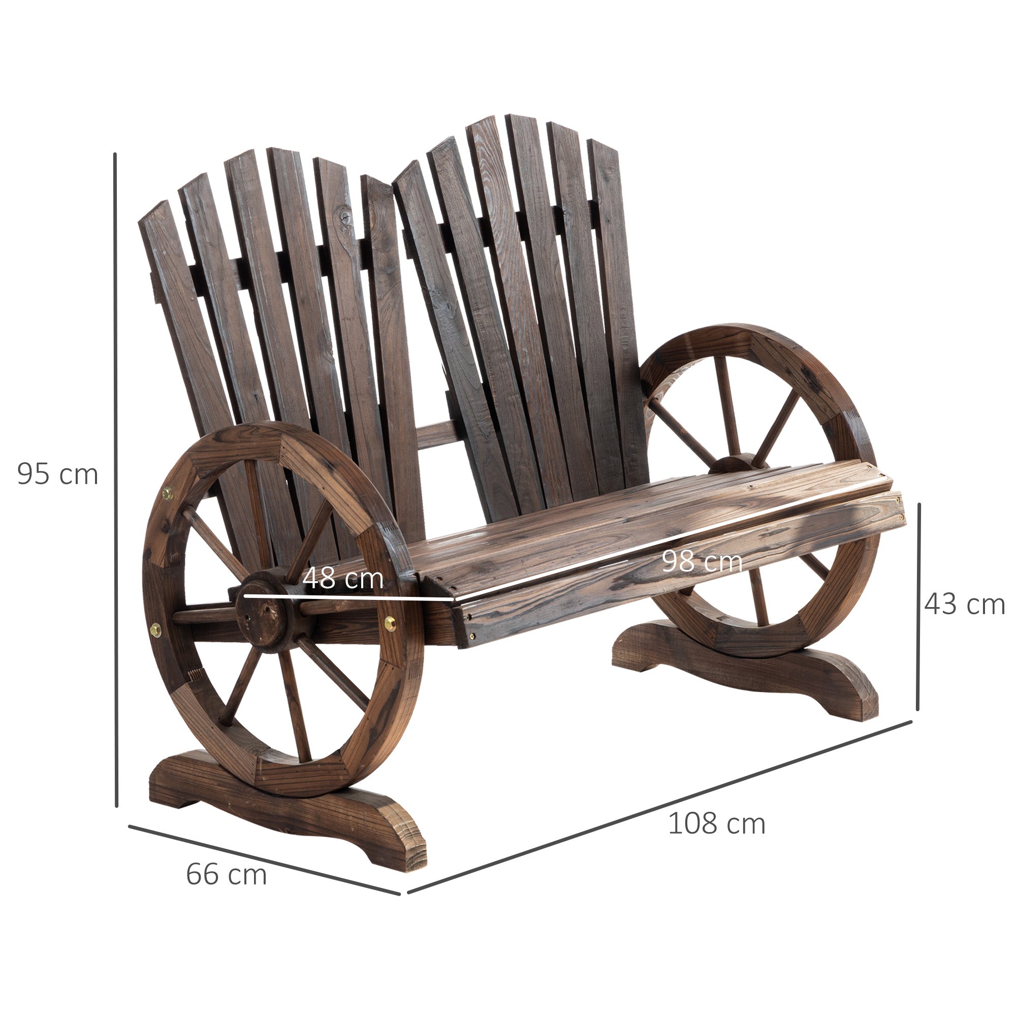 Outsunny Banco de Madera Jardín de 2 Plazas con Apoyabrazos en Forma de Rueda para Terraza Patio Balcón 108x66x95 cm Marrón Rústico