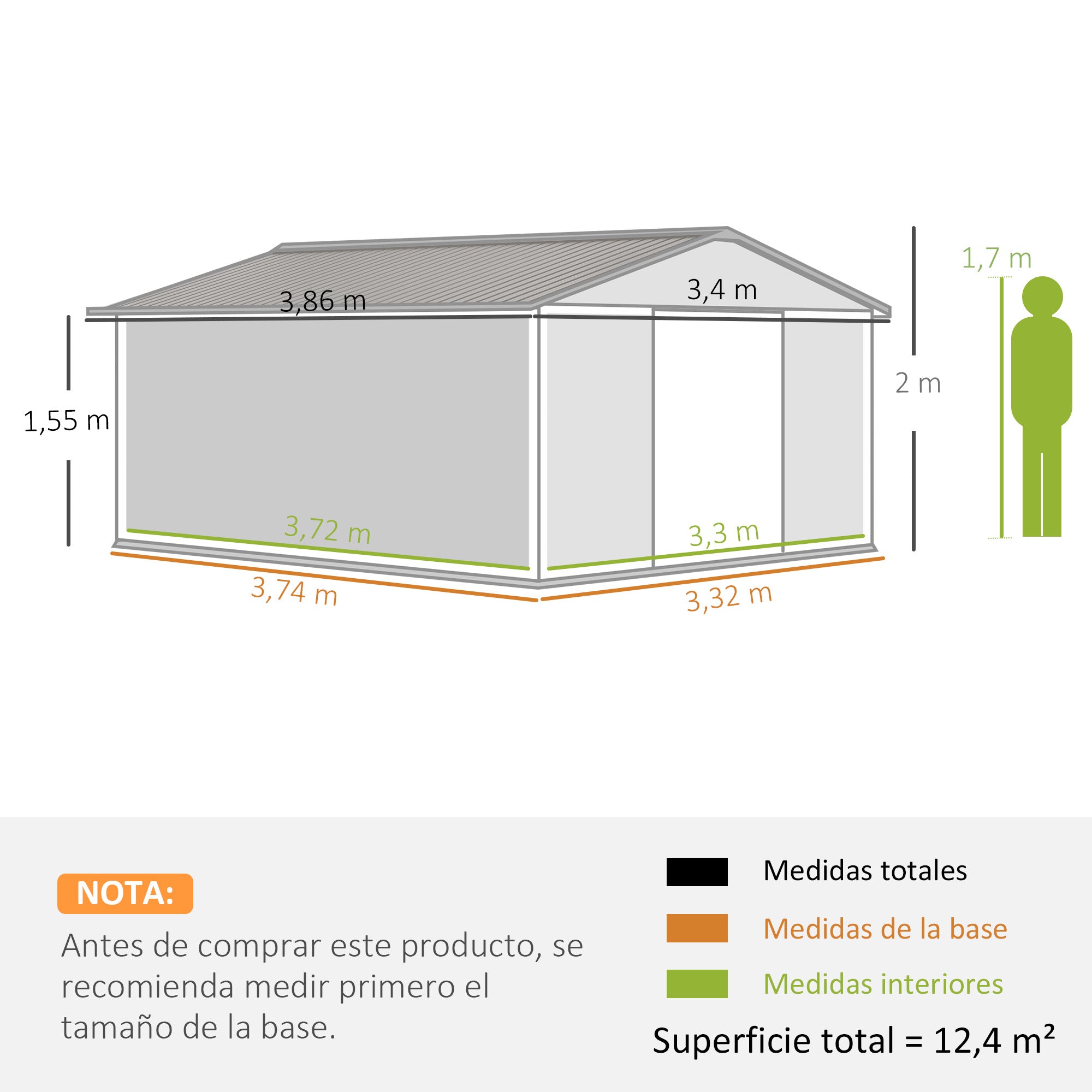 Outsunny Caseta de Jardín Exterior 12,4 m² 340x386x200 cm Cobertizo de Jardín Exterior con Puerta Corredera Techo Inclinado Base Refuerzo (Suelo NO Incluido) y 4 Ventanas Marrón