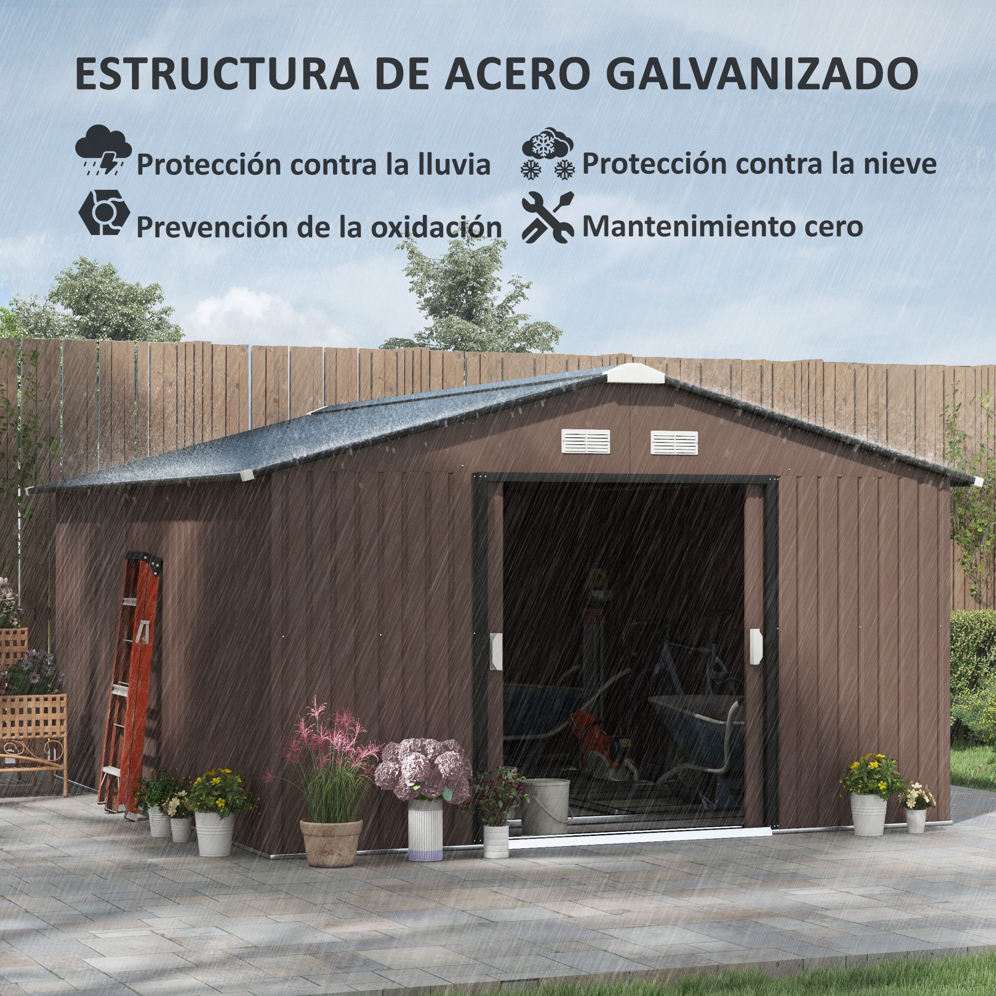 Outsunny Caseta de Jardín Exterior 12,4 m² 340x386x200 cm Cobertizo de Jardín Exterior con Puerta Corredera Techo Inclinado Base Refuerzo (Suelo NO Incluido) y 4 Ventanas Marrón