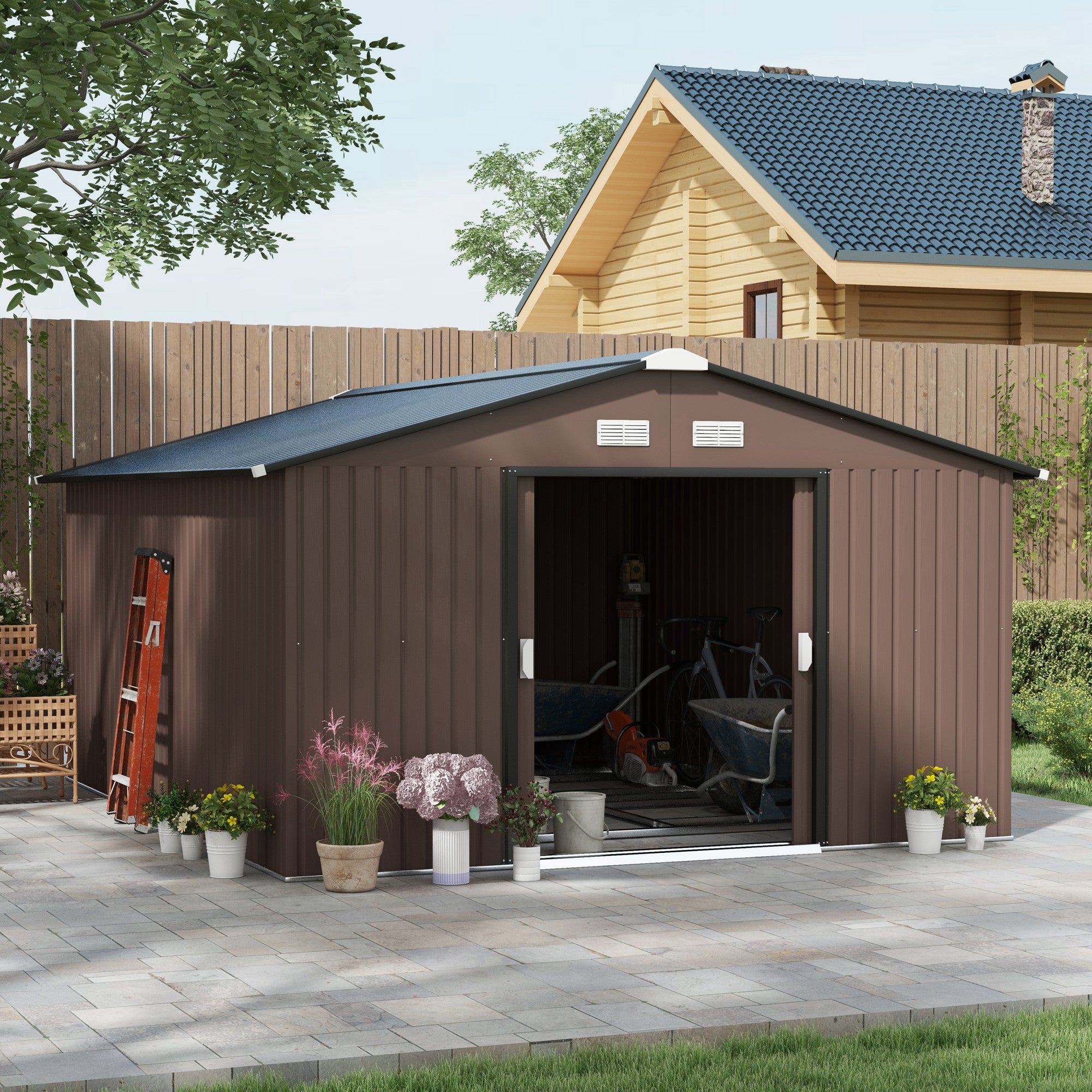 Outsunny Caseta de Jardín Exterior 12,4 m² 340x386x200 cm Cobertizo de Jardín Exterior con Puerta Corredera Techo Inclinado Base Refuerzo (Suelo NO Incluido) y 4 Ventanas Marrón