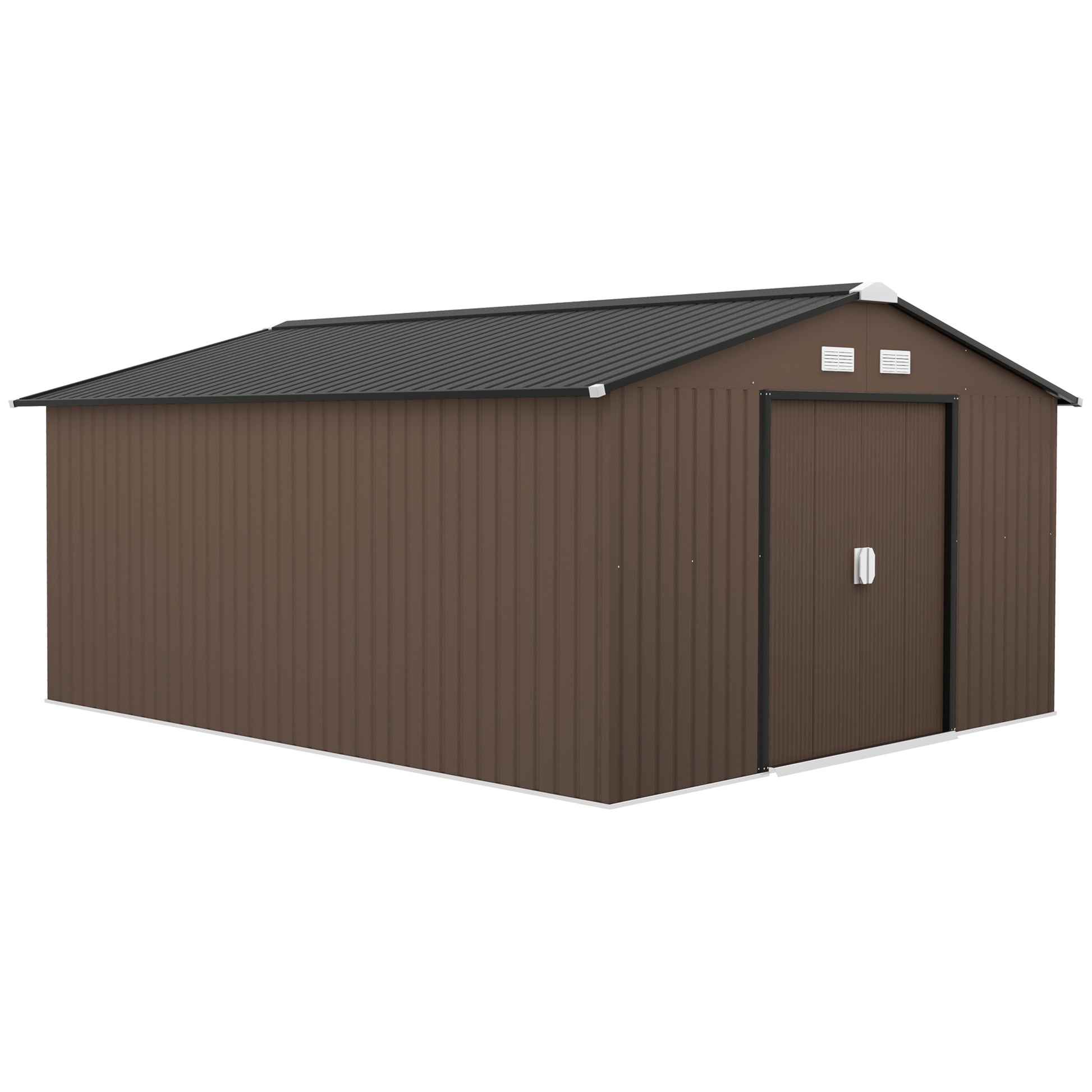 Outsunny Caseta de Jardín Exterior 12,4 m² 340x386x200 cm Cobertizo de Jardín Exterior con Puerta Corredera Techo Inclinado Base Refuerzo (Suelo NO Incluido) y 4 Ventanas Marrón