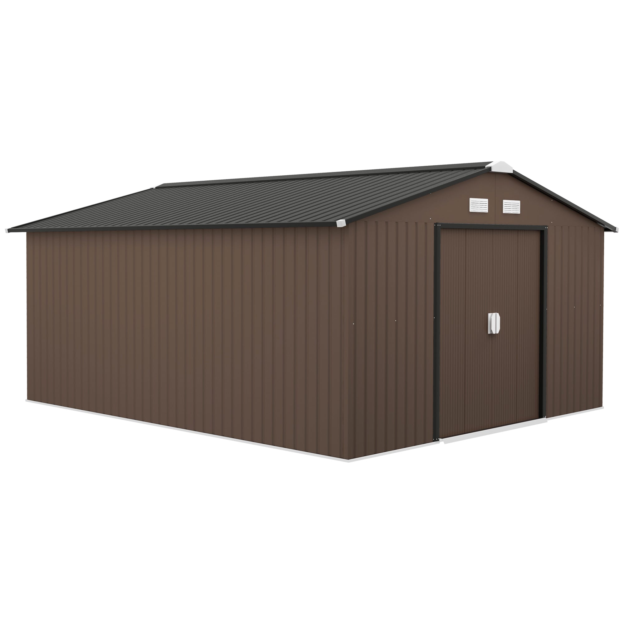 Outsunny Caseta de Jardín Exterior 12,4 m² 340x386x200 cm Cobertizo de Jardín Exterior con Puerta Corredera Techo Inclinado Base Refuerzo (Suelo NO Incluido) y 4 Ventanas Marrón