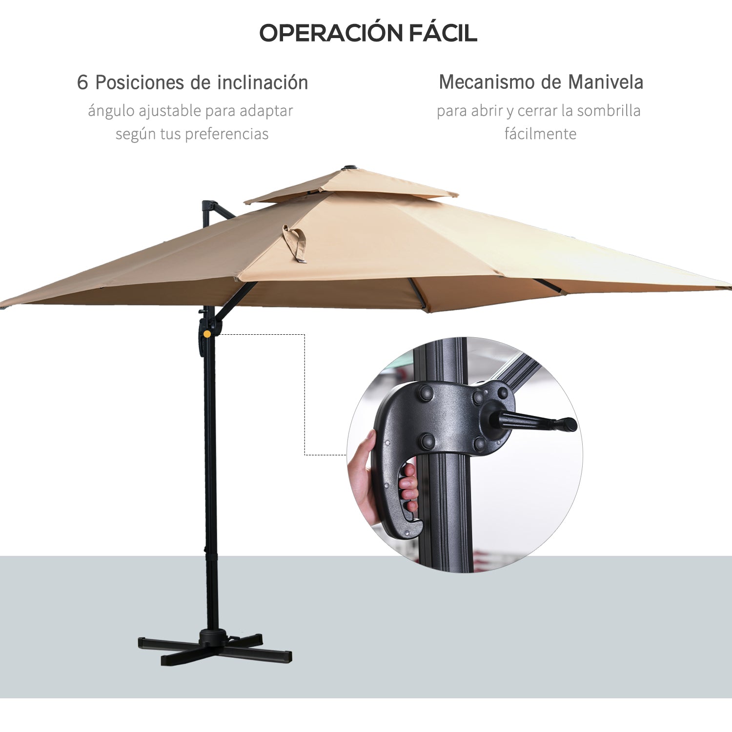 Outsunny Sombrilla de Jardín 300x300 cm Parasol de Aluminio con Manivela Poste Giratorio 360° Doble Techo Inclinable en 6 Posiciones y Base Cruzada Incluida Caqui