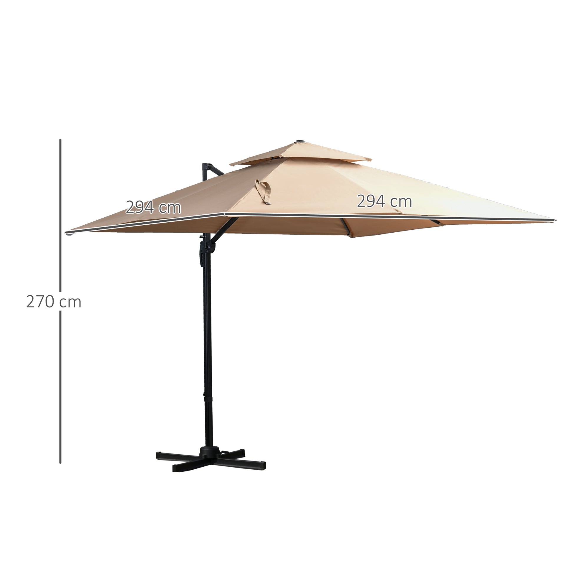 Outsunny Sombrilla de Jardín 300x300 cm Parasol de Aluminio con Manivela Poste Giratorio 360° Doble Techo Inclinable en 6 Posiciones y Base Cruzada Incluida Caqui