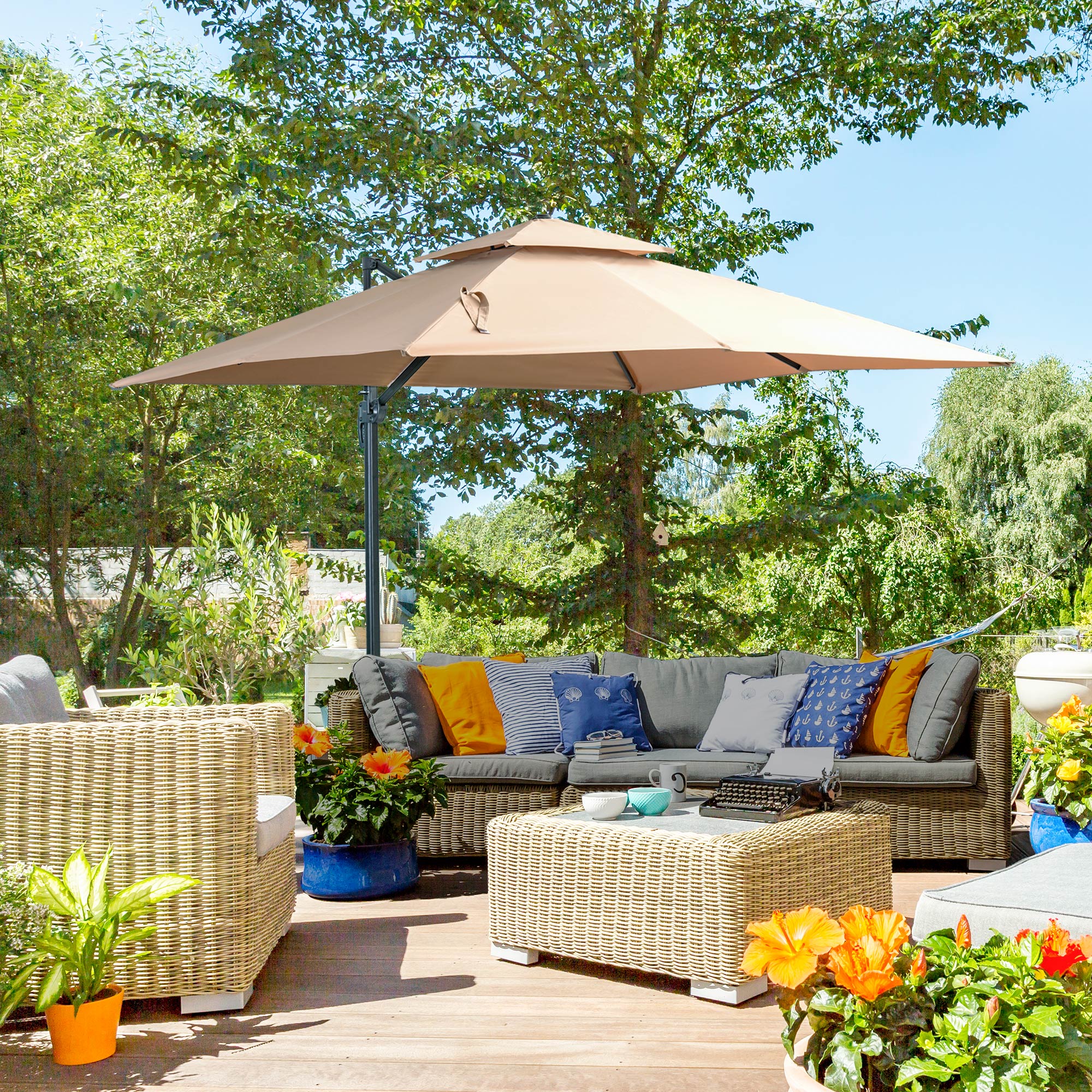 Outsunny Sombrilla de Jardín 300x300 cm Parasol de Aluminio con Manivela Poste Giratorio 360° Doble Techo Inclinable en 6 Posiciones y Base Cruzada Incluida Caqui