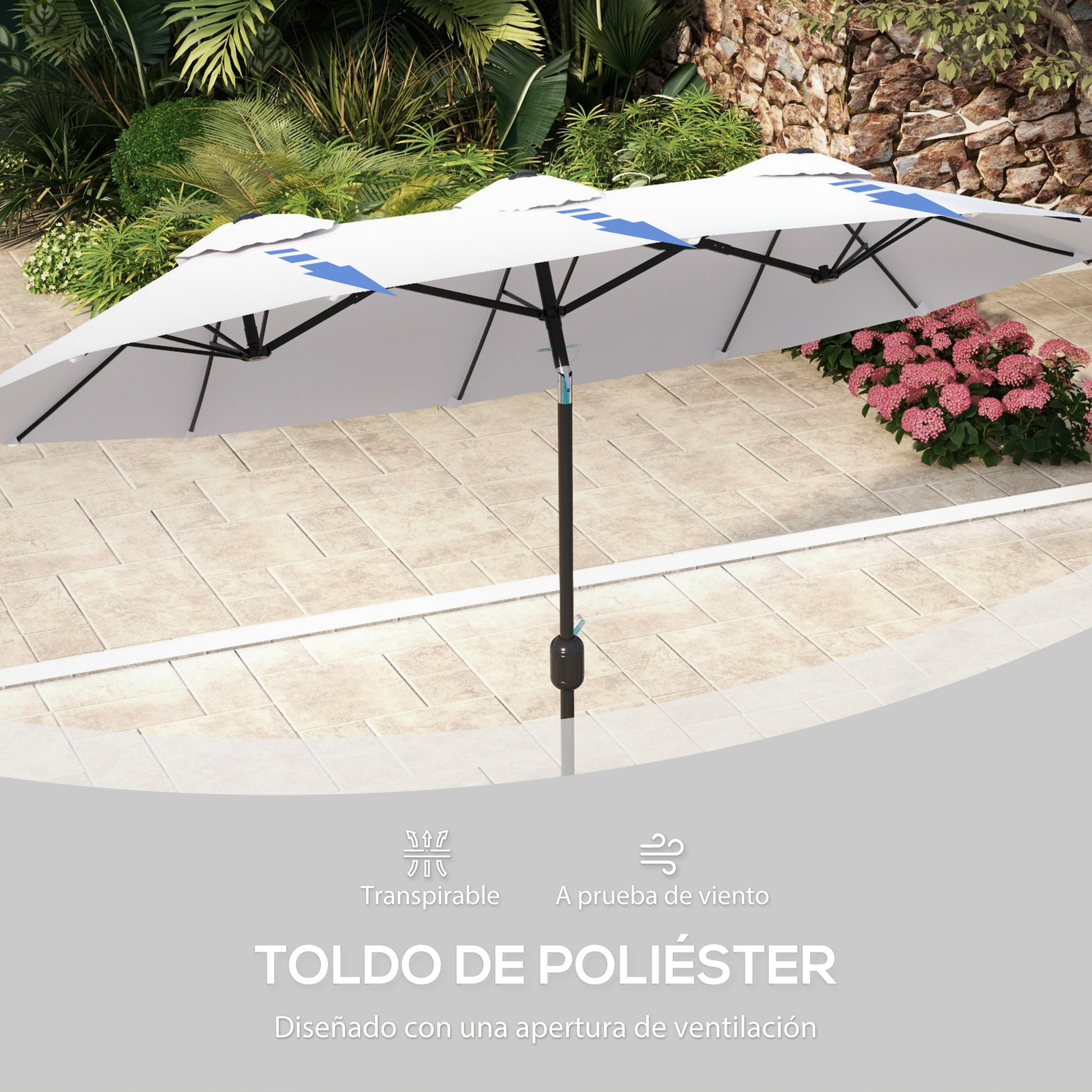 Outsunny Sombrilla Doble 2,95x1,52 m, Sombrilla Terraza Exterior con Inclinación 45°, Manivela Manual, Orificios de Ventilación, Impermeable, Parasol para Jardín, Terraza, Patio y Piscina, Crema