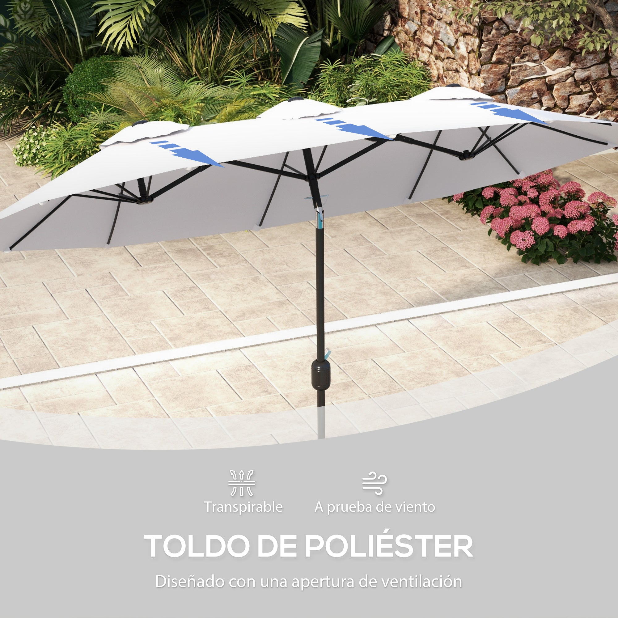 Outsunny Sombrilla Doble 2,95x1,52 m, Sombrilla Terraza Exterior con Inclinación 45°, Manivela Manual, Orificios de Ventilación, Impermeable, Parasol para Jardín, Terraza, Patio y Piscina, Crema