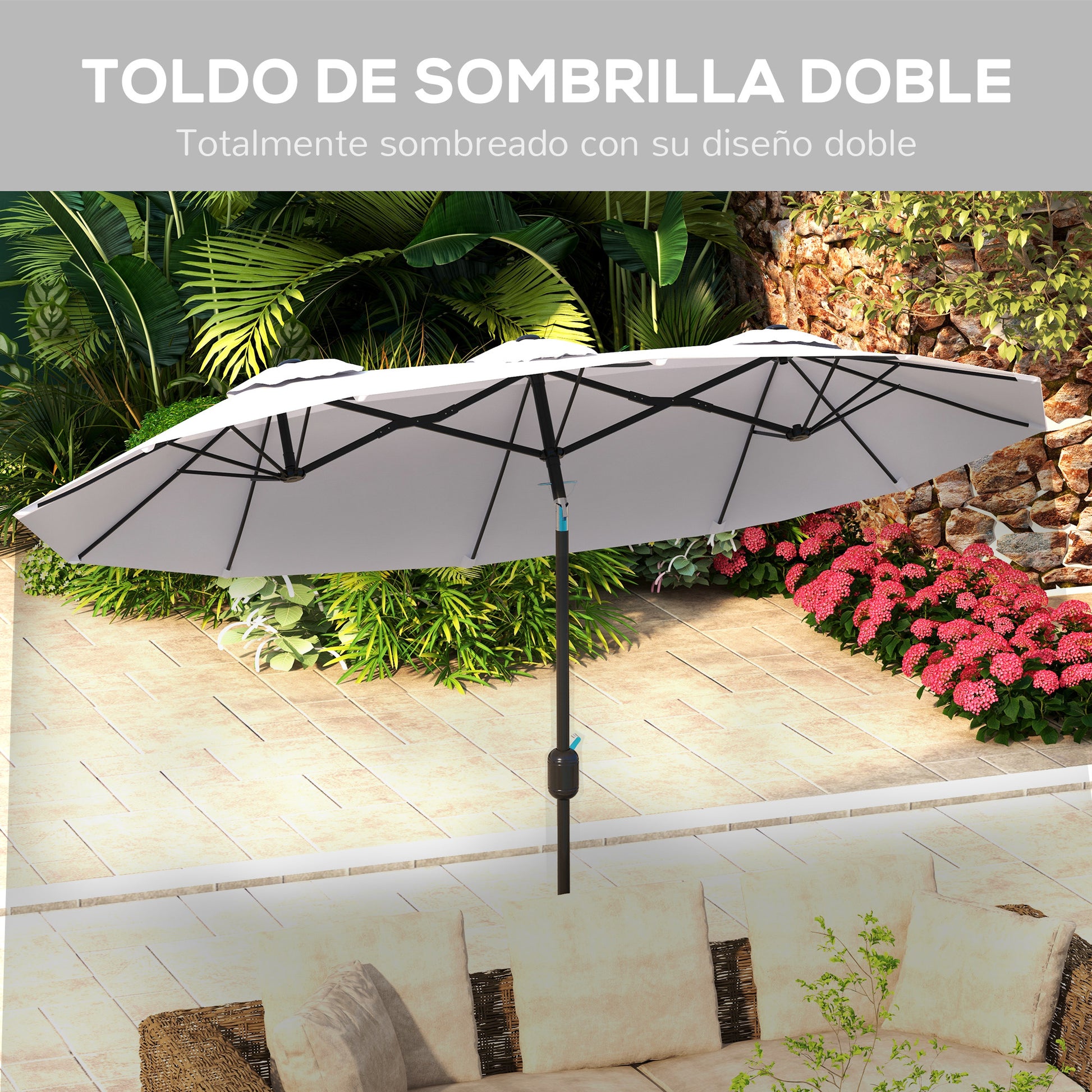 Outsunny Sombrilla Doble 2,95x1,52 m, Sombrilla Terraza Exterior con Inclinación 45°, Manivela Manual, Orificios de Ventilación, Impermeable, Parasol para Jardín, Terraza, Patio y Piscina, Crema