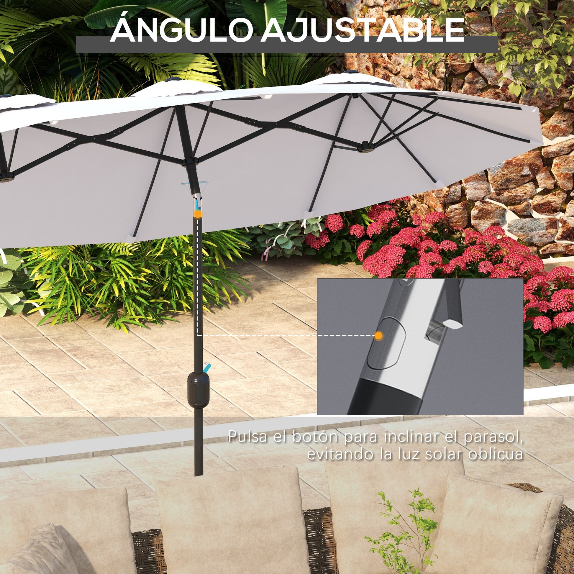 Outsunny Sombrilla Doble 2,95x1,52 m, Sombrilla Terraza Exterior con Inclinación 45°, Manivela Manual, Orificios de Ventilación, Impermeable, Parasol para Jardín, Terraza, Patio y Piscina, Crema