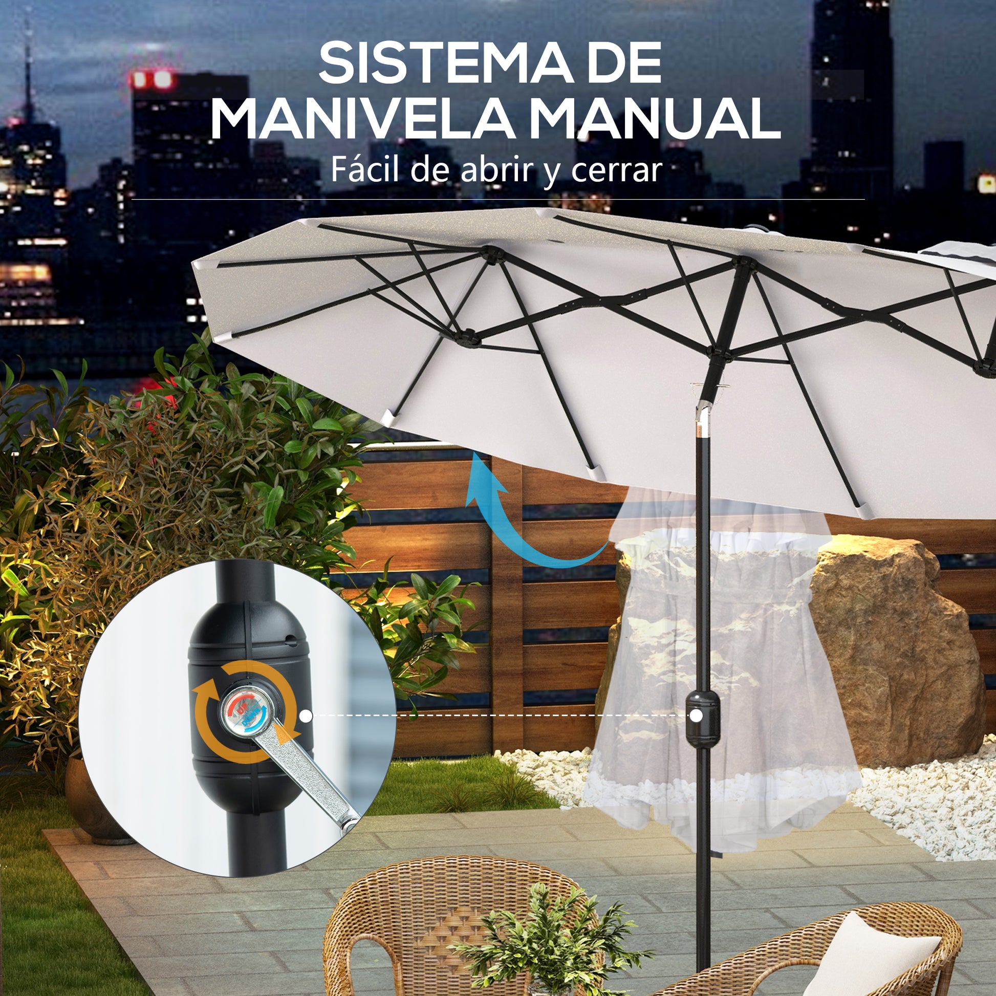 Outsunny Sombrilla Doble 2,95x1,52 m, Sombrilla Terraza Exterior con Inclinación 45°, Manivela Manual, Orificios de Ventilación, Impermeable, Parasol para Jardín, Terraza, Patio y Piscina, Crema