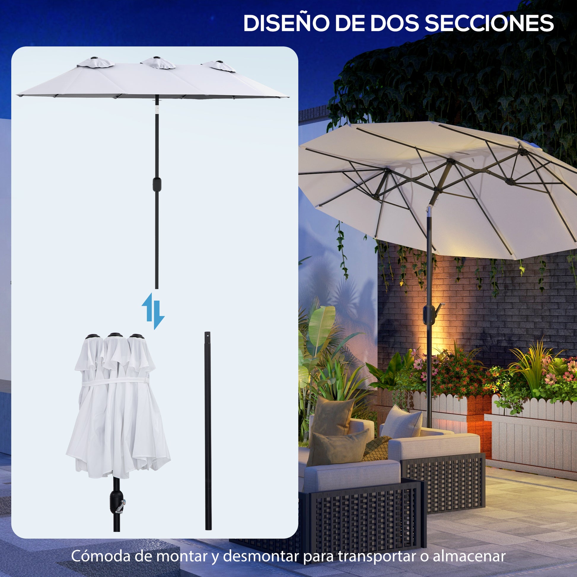 Outsunny Sombrilla Doble 2,95x1,52 m, Sombrilla Terraza Exterior con Inclinación 45°, Manivela Manual, Orificios de Ventilación, Impermeable, Parasol para Jardín, Terraza, Patio y Piscina, Crema