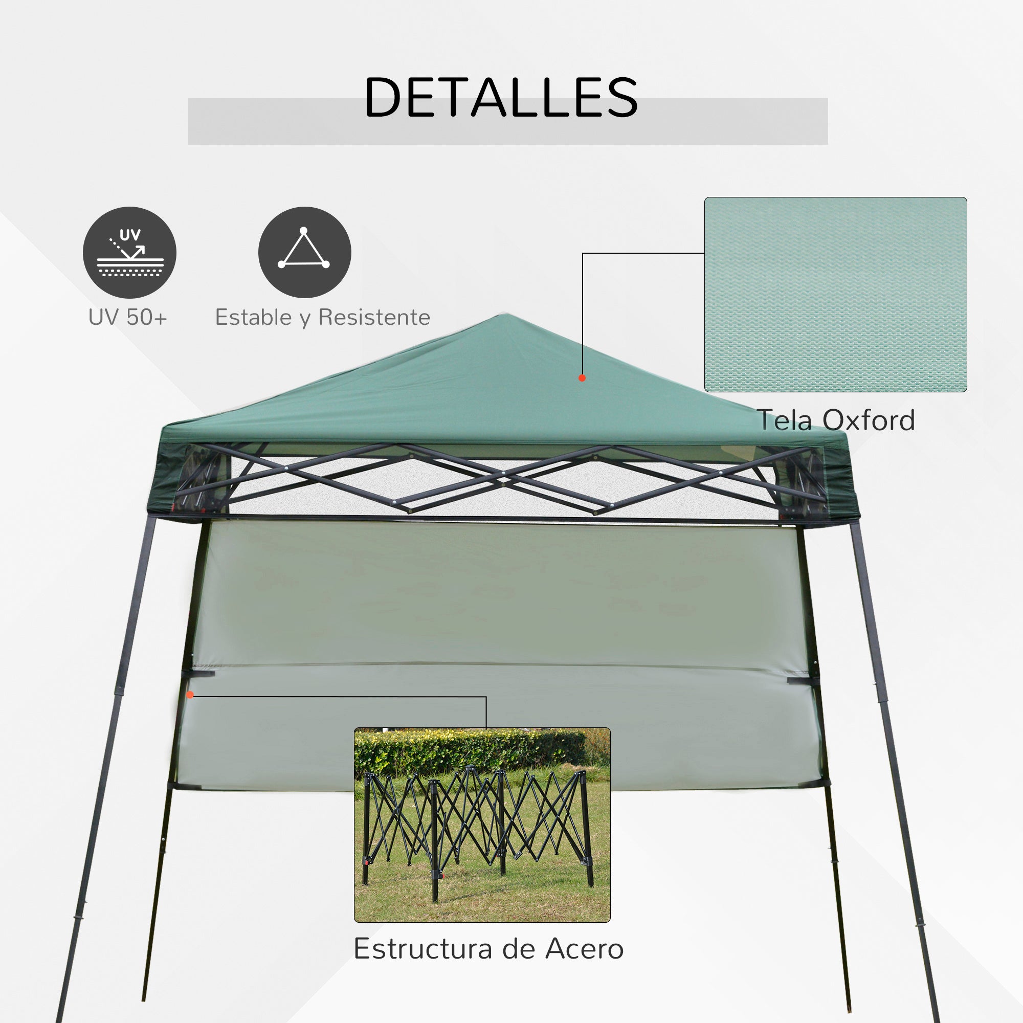Outsunny Carpa Plegable 2,2x2,2x2m con Lateral Altura Ajustable Protección UV 50+ de Acero y Tela Oxford con Bolsa de Transporte Impermeable Gazebo para Exterior Verde