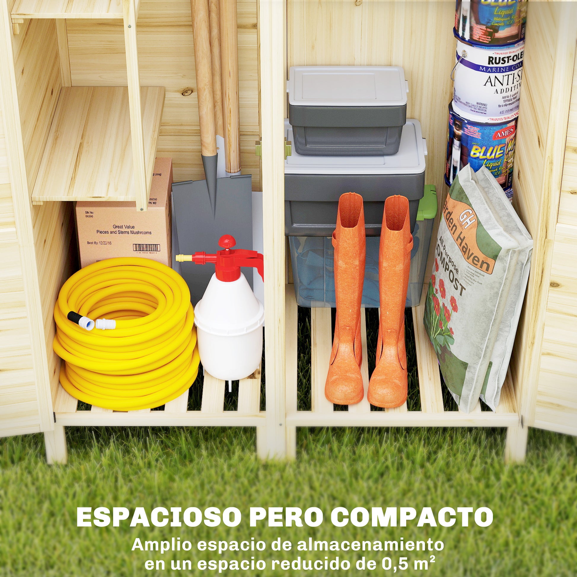 Outsunny Caseta de Jardín de Madera 106x57x167 cm, Cobertizo Jardín Exterior, Armario para Herramientas con Doble Zona, Puertas, Estantes Desmontables, Techo Asfáltico Impermeable y Ventana, Natural