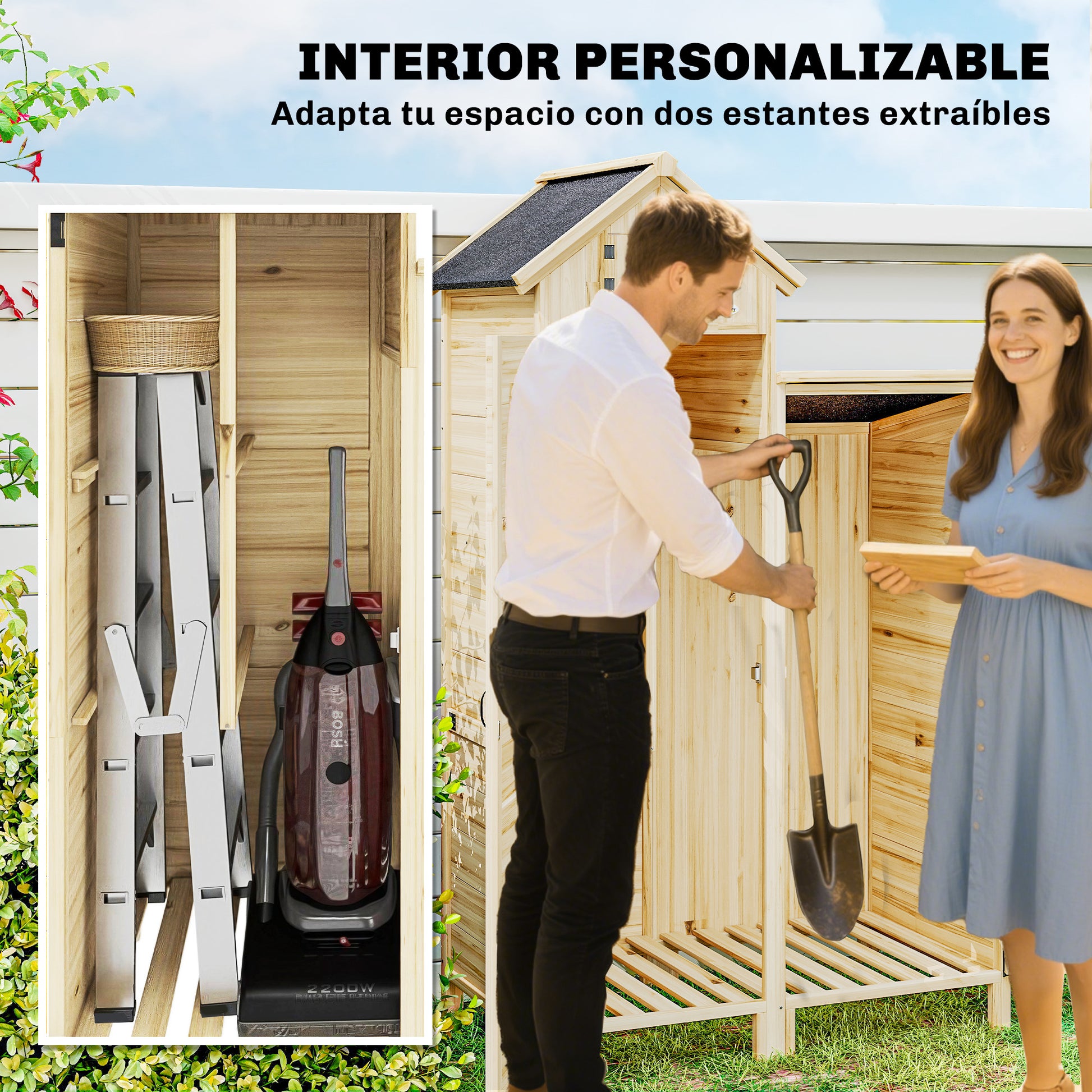 Outsunny Caseta de Jardín de Madera 106x57x167 cm, Cobertizo Jardín Exterior, Armario para Herramientas con Doble Zona, Puertas, Estantes Desmontables, Techo Asfáltico Impermeable y Ventana, Natural