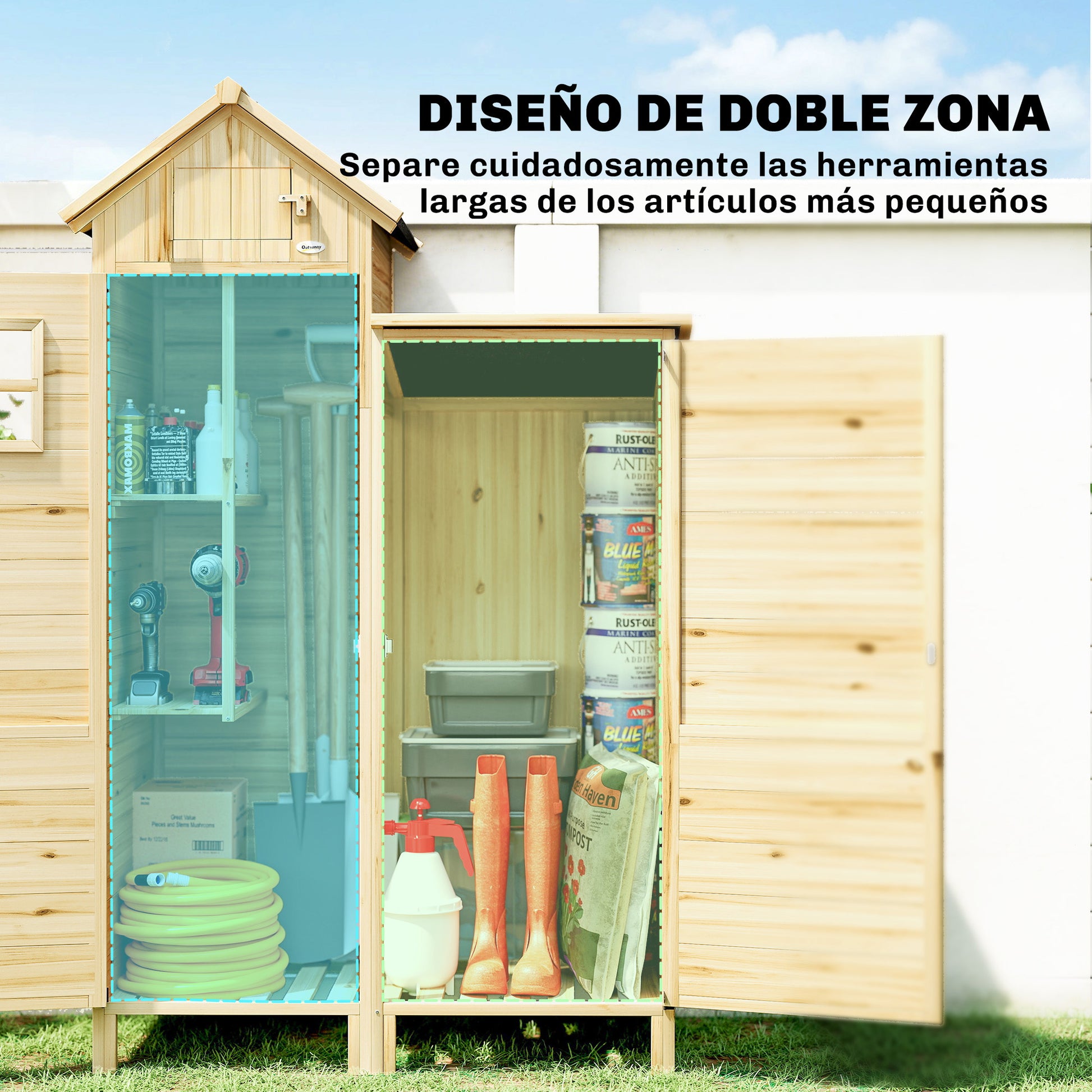 Outsunny Caseta de Jardín de Madera 106x57x167 cm, Cobertizo Jardín Exterior, Armario para Herramientas con Doble Zona, Puertas, Estantes Desmontables, Techo Asfáltico Impermeable y Ventana, Natural