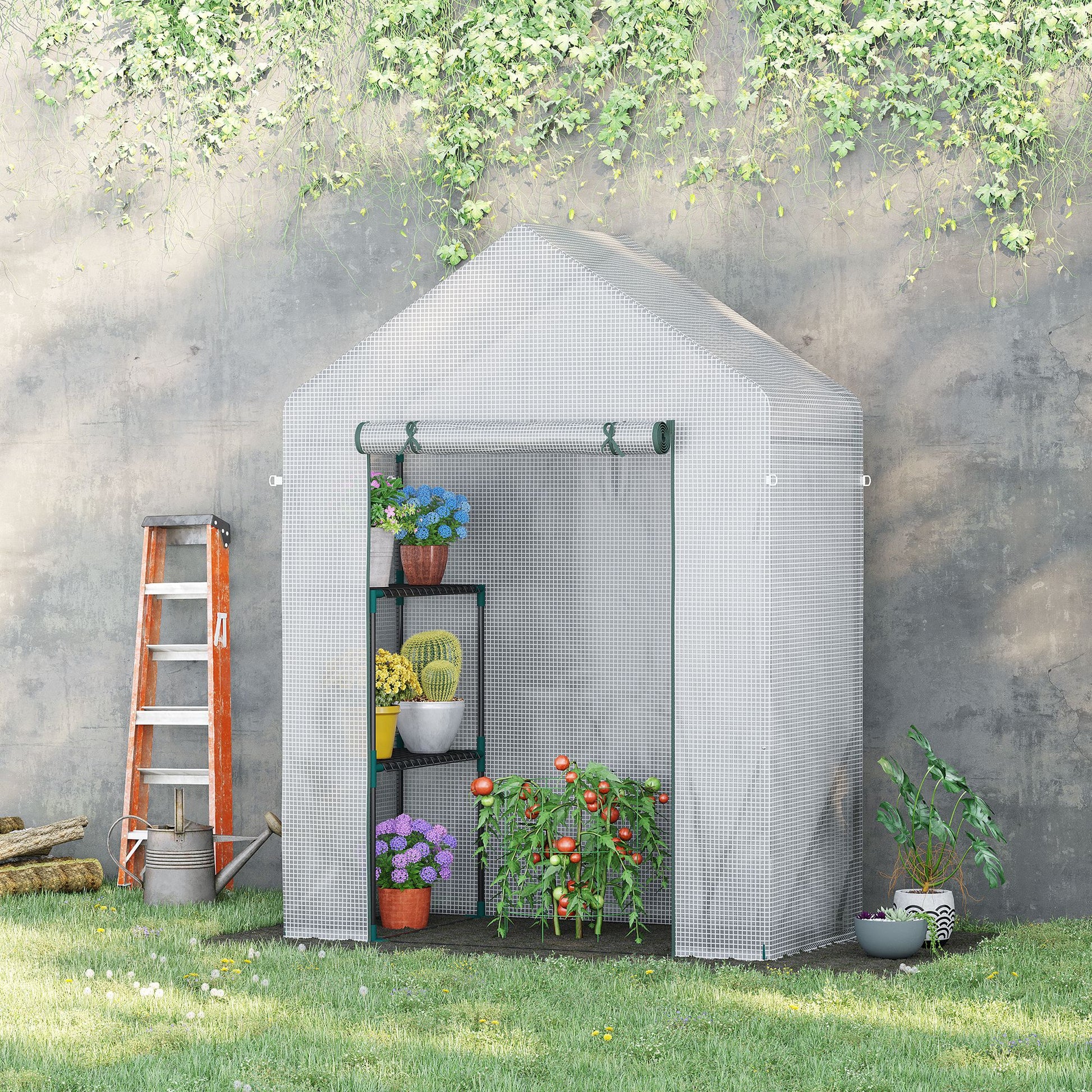 Outsunny Invernadero de Exterior Invernadero Pequeño con 4 Estantes Puerta Enrollable con Cremallera y Marco de Acero Invernadero para Cultivos Plantas Flores 143x73x195 cm Blanco