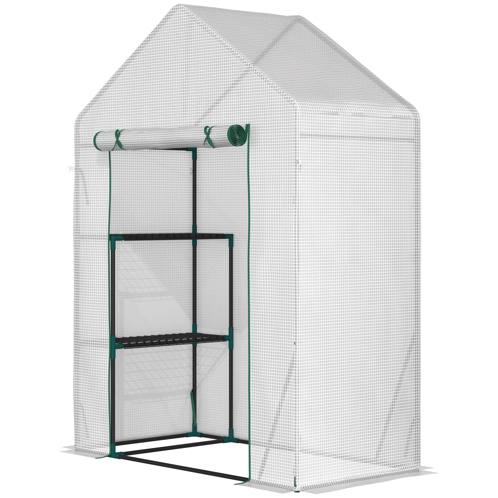 Outsunny Invernadero de Exterior Invernadero Pequeño con 4 Estantes Puerta Enrollable con Cremallera y Marco de Acero Invernadero para Cultivos Plantas Flores 143x73x195 cm Blanco
