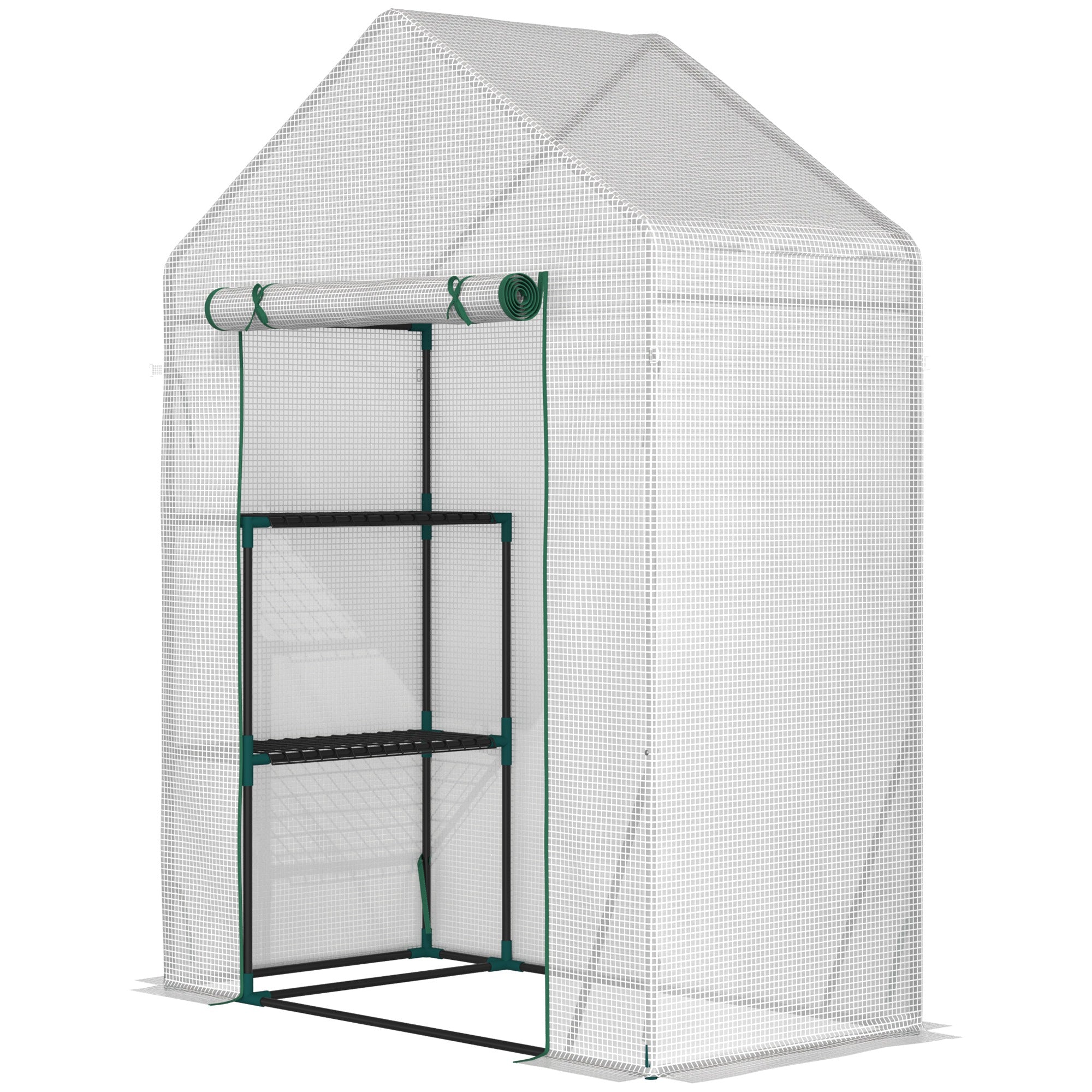 Outsunny Invernadero de Exterior Invernadero Pequeño con 4 Estantes Puerta Enrollable con Cremallera y Marco de Acero Invernadero para Cultivos Plantas Flores 143x73x195 cm Blanco