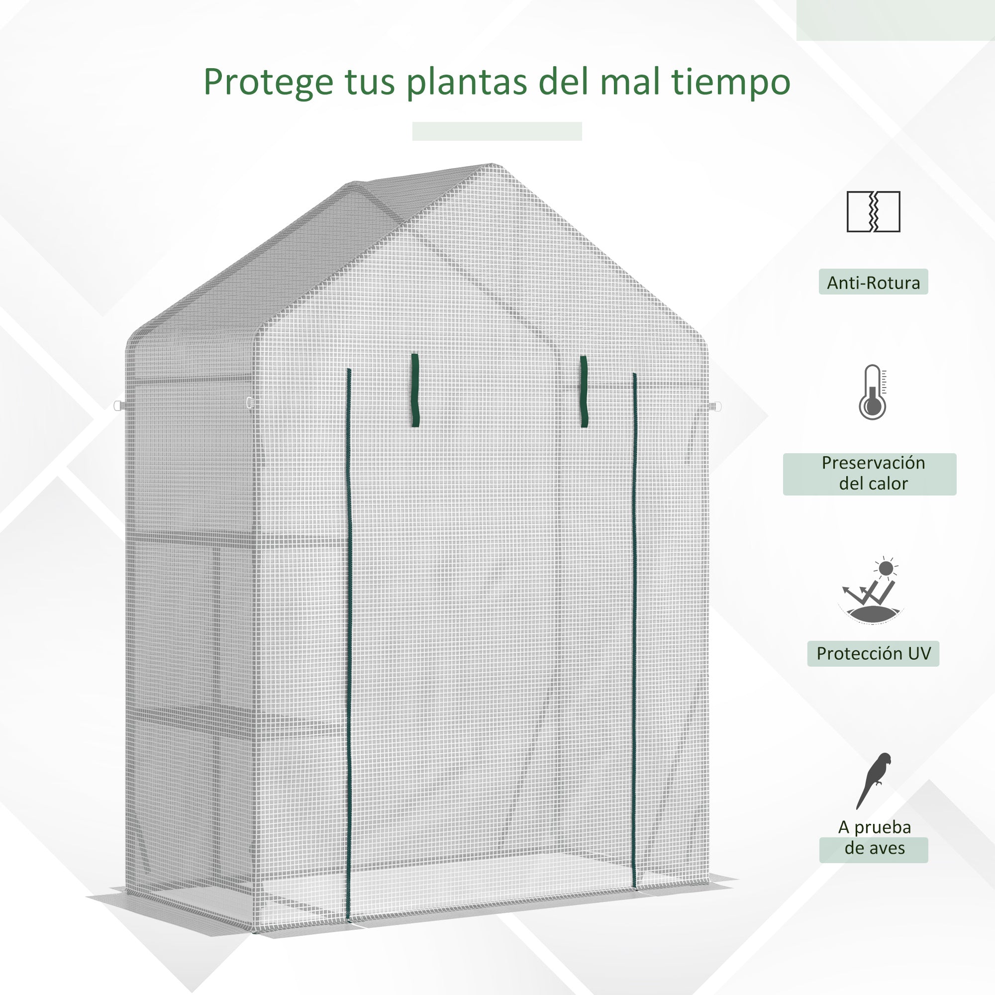 Outsunny Invernadero de Exterior Invernadero Pequeño con 4 Estantes Puerta Enrollable con Cremallera y Marco de Acero Invernadero para Cultivos Plantas Flores 143x73x195 cm Blanco